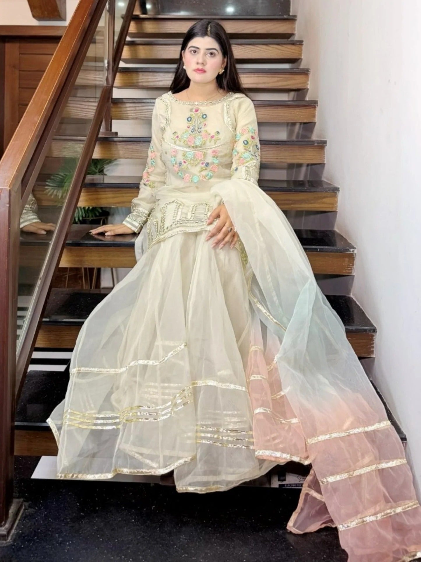 Ivory-HEM Organza Embellished Sharara-Leela