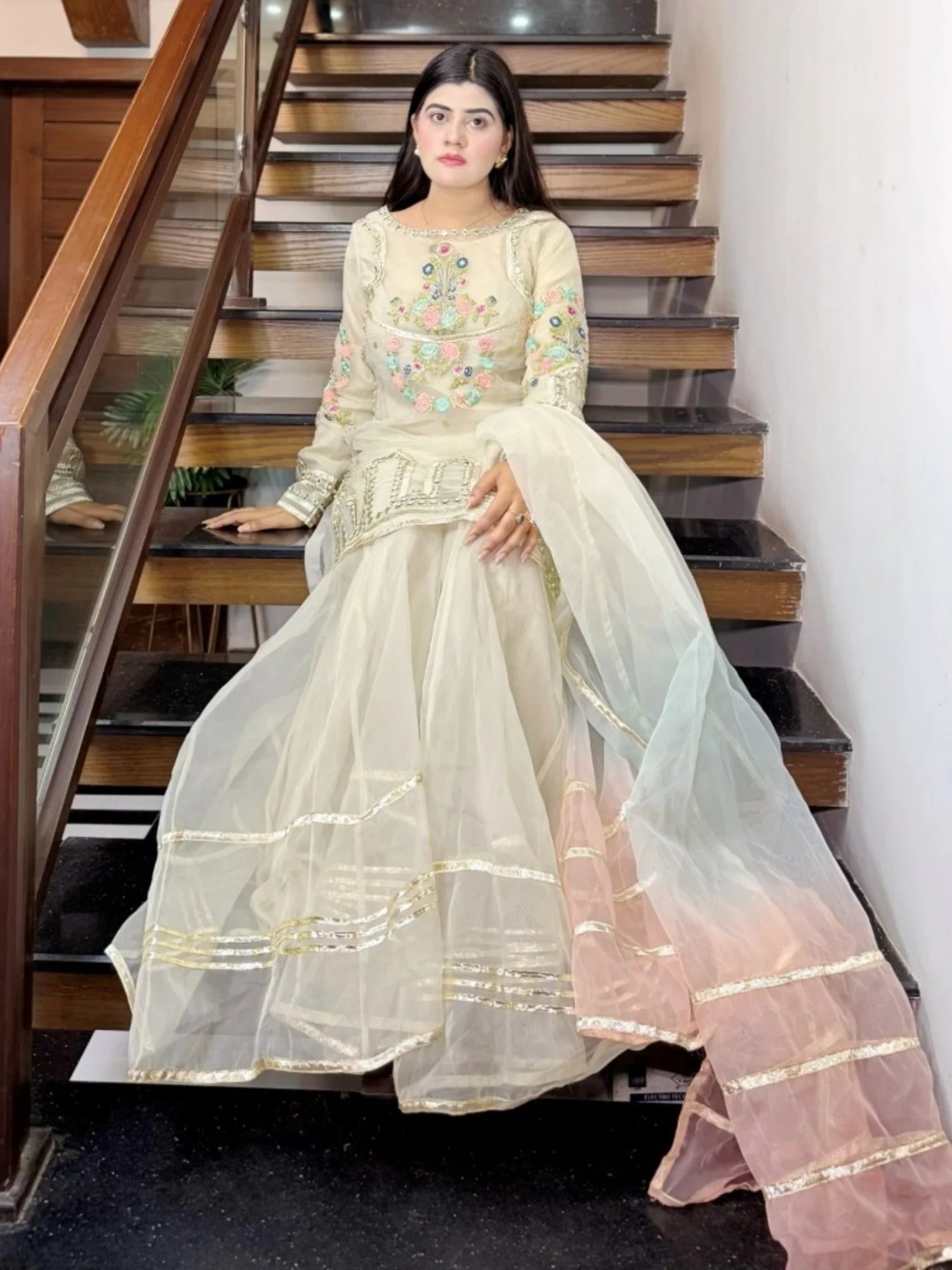 Ivory-HEM Organza Embellished Sharara-Leela