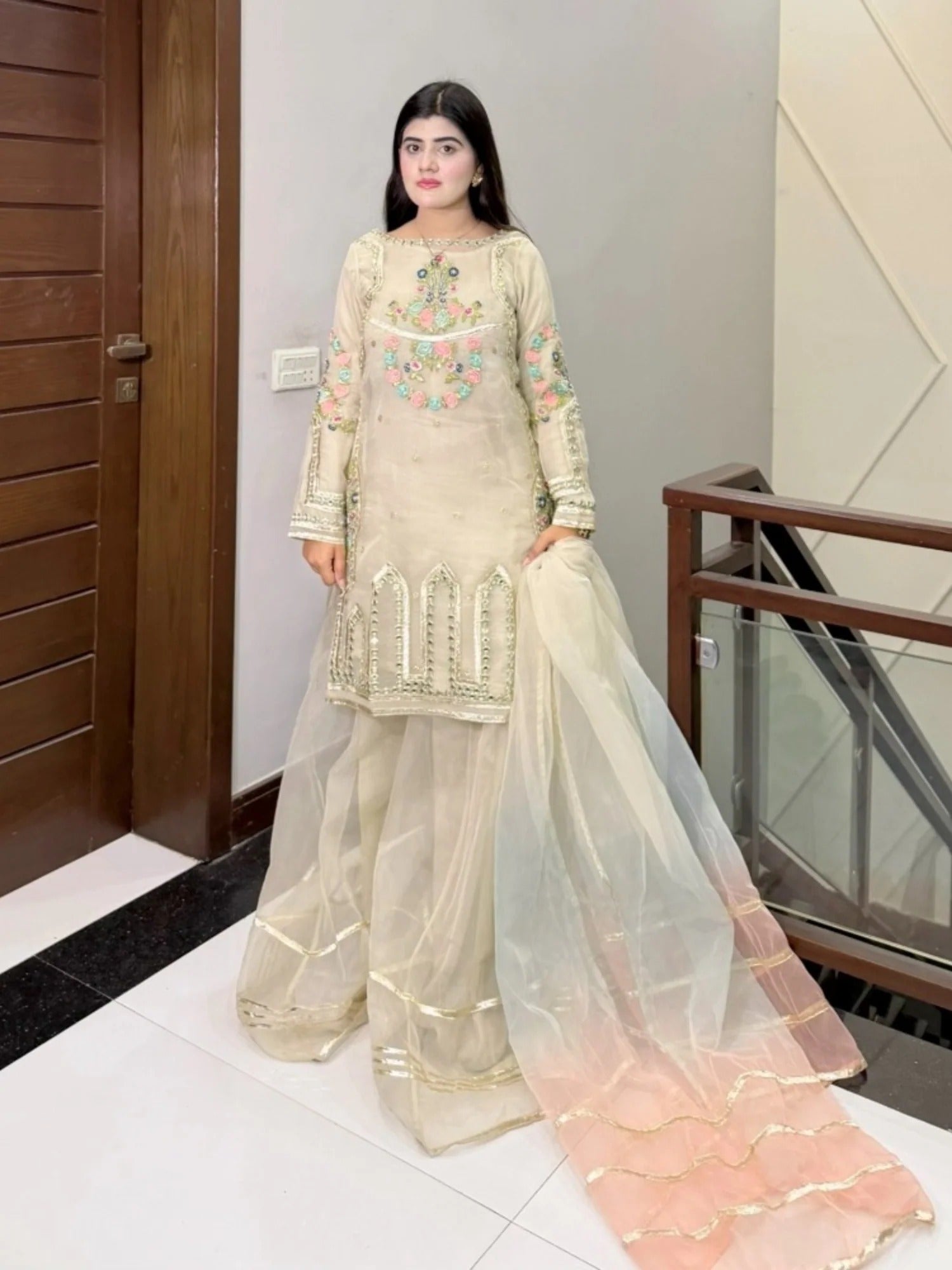 Ivory-HEM Organza Embellished Sharara-Leela