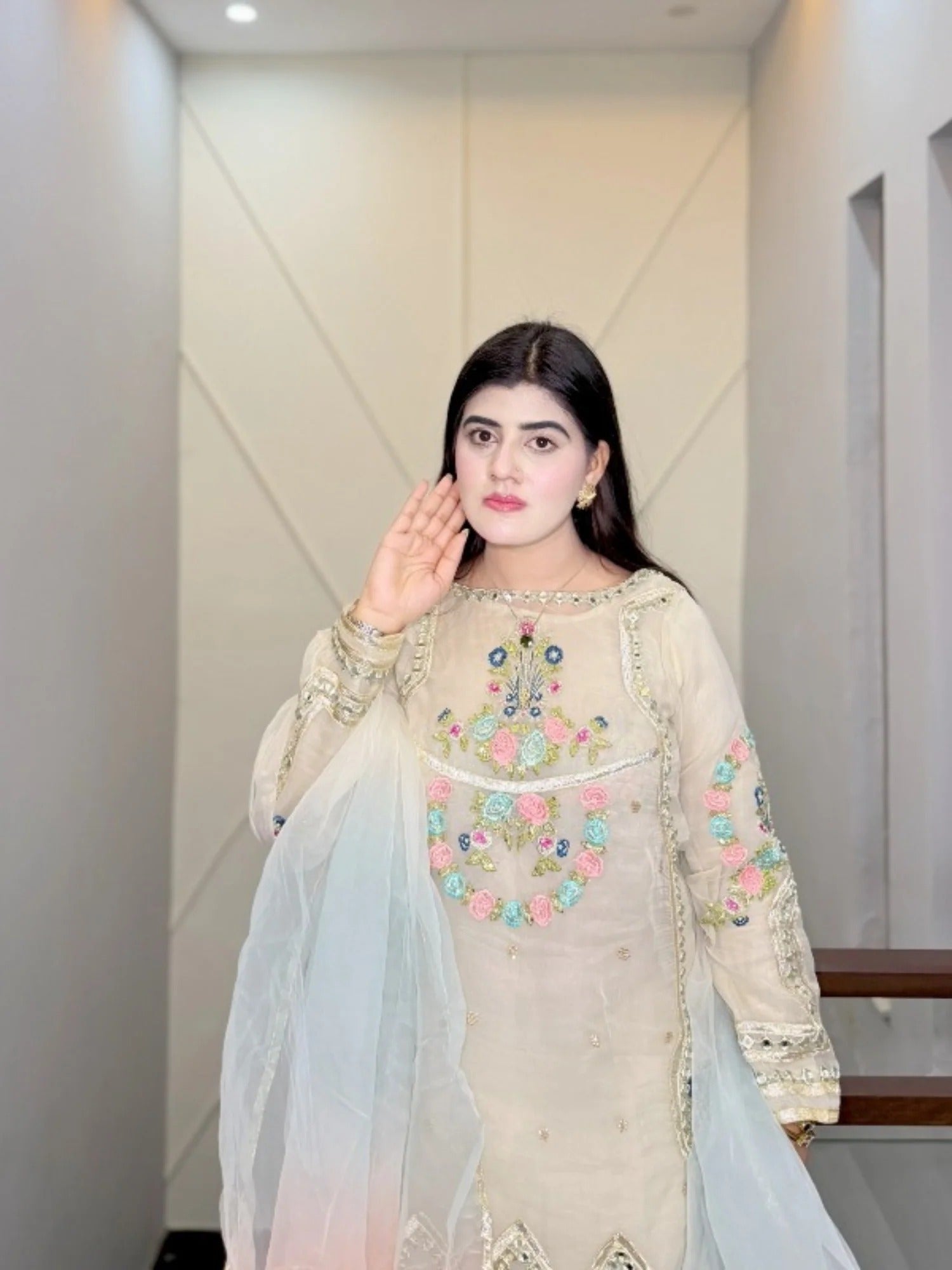 Ivory-HEM Organza Embellished Sharara-Leela