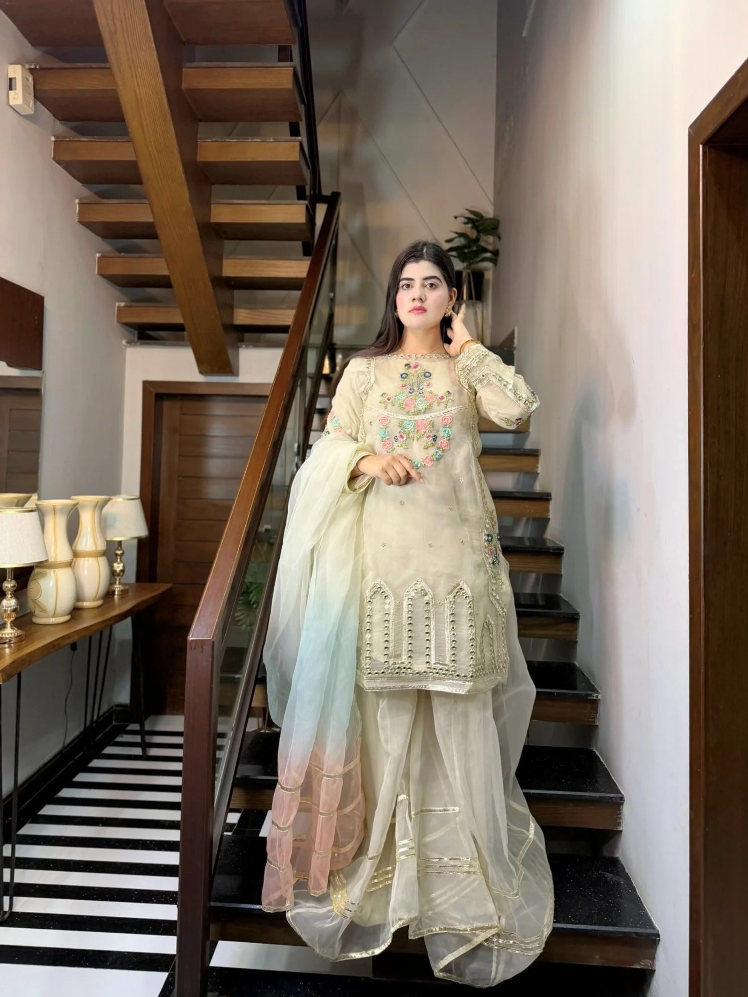 Ivory-HEM Organza Embellished Sharara-Leela