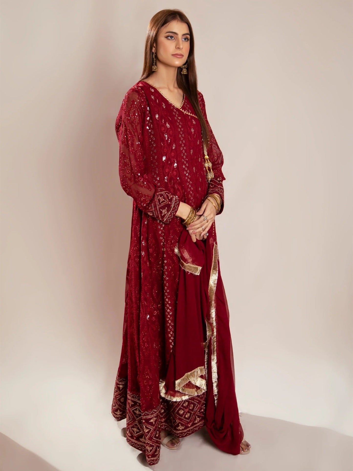 Maroon Manahil Arts Chiffon Embroidered Stitched 3-Piece Suit-Kurti 099-Maroon