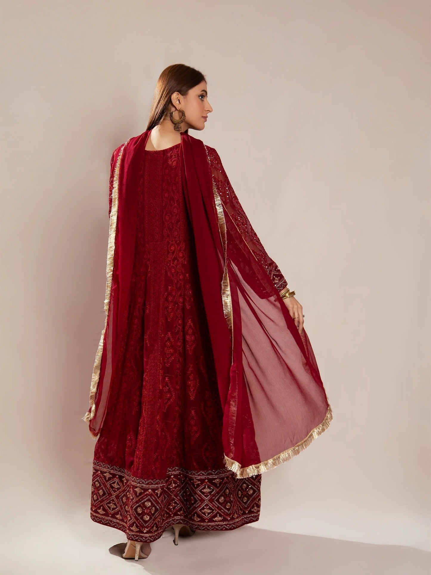 Maroon Manahil Arts Chiffon Embroidered Stitched 3-Piece Suit-Kurti 099-Maroon