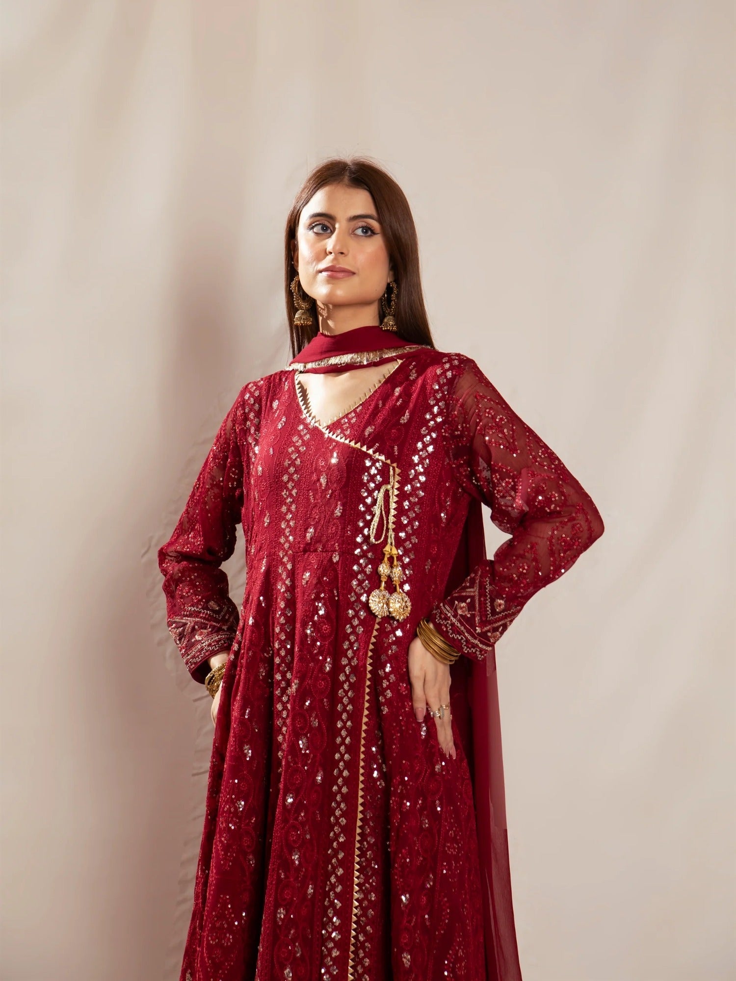 Maroon Manahil Arts Chiffon Embroidered Stitched 3-Piece Suit-Kurti 099-Maroon