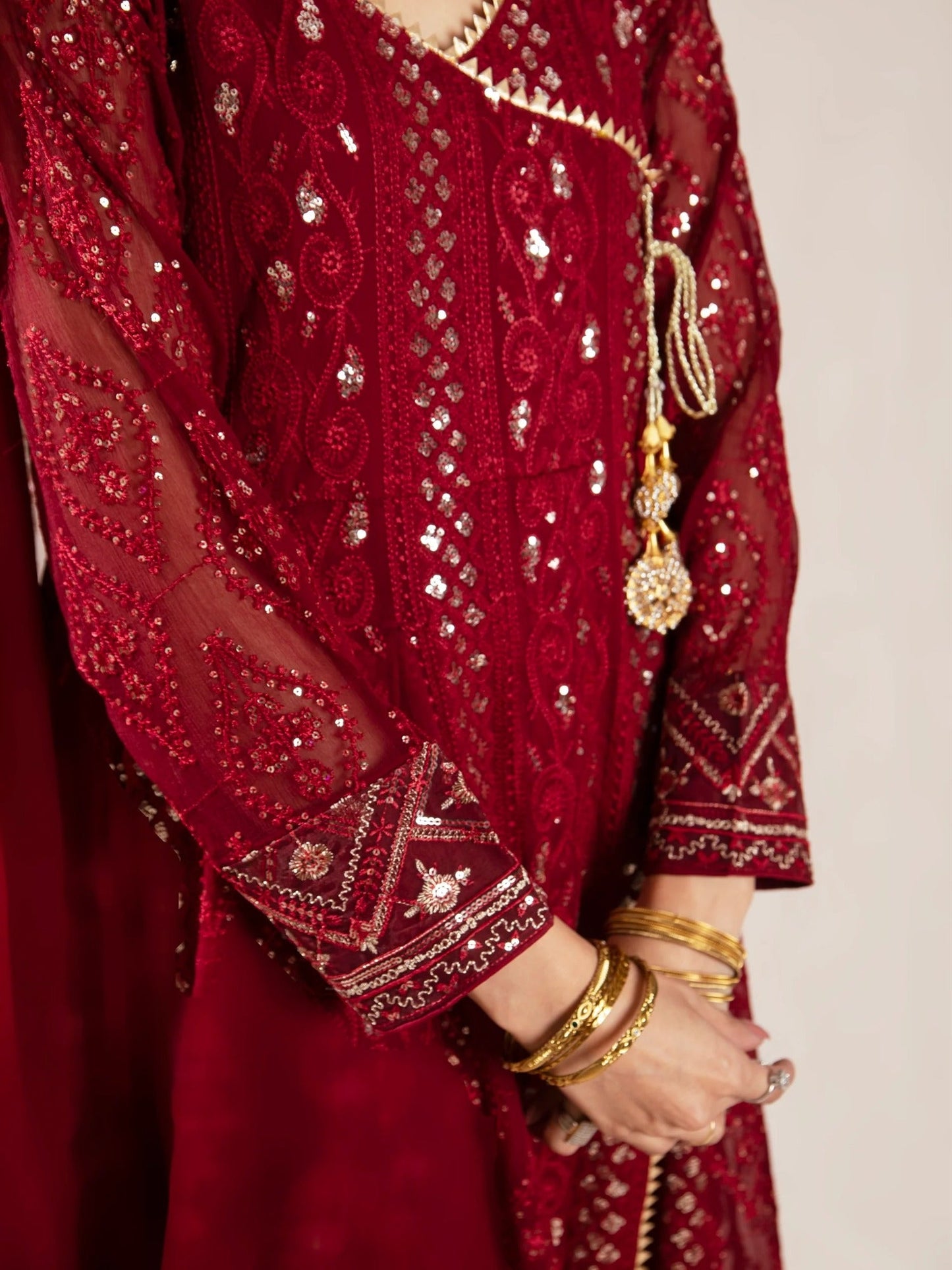 Maroon Manahil Arts Chiffon Embroidered Stitched 3-Piece Suit-Kurti 099-Maroon