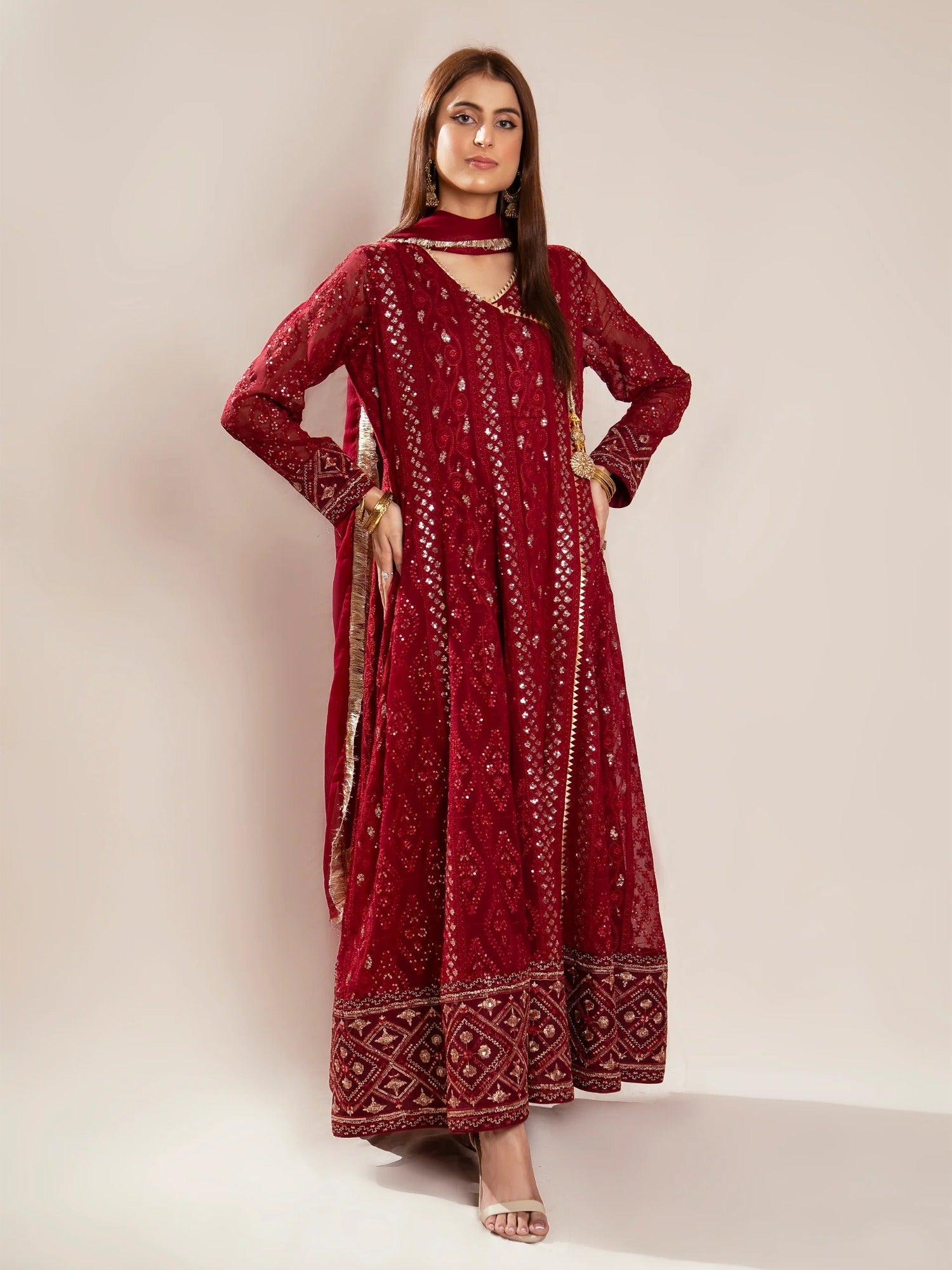 Maroon Manahil Arts Chiffon Embroidered Stitched 3-Piece Suit-Kurti 099-Maroon