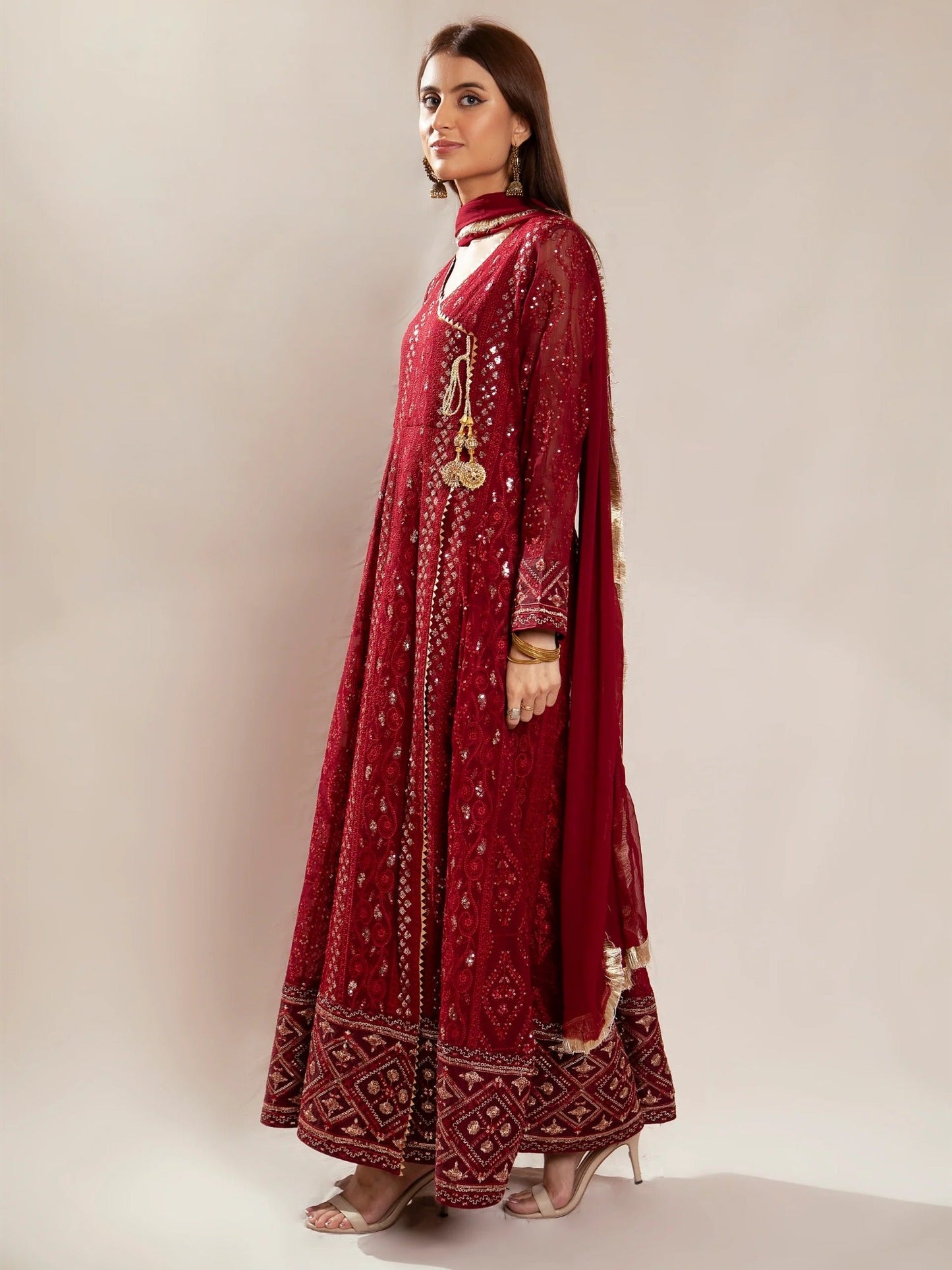 Maroon Manahil Arts Chiffon Embroidered Stitched 3-Piece Suit-Kurti 099-Maroon