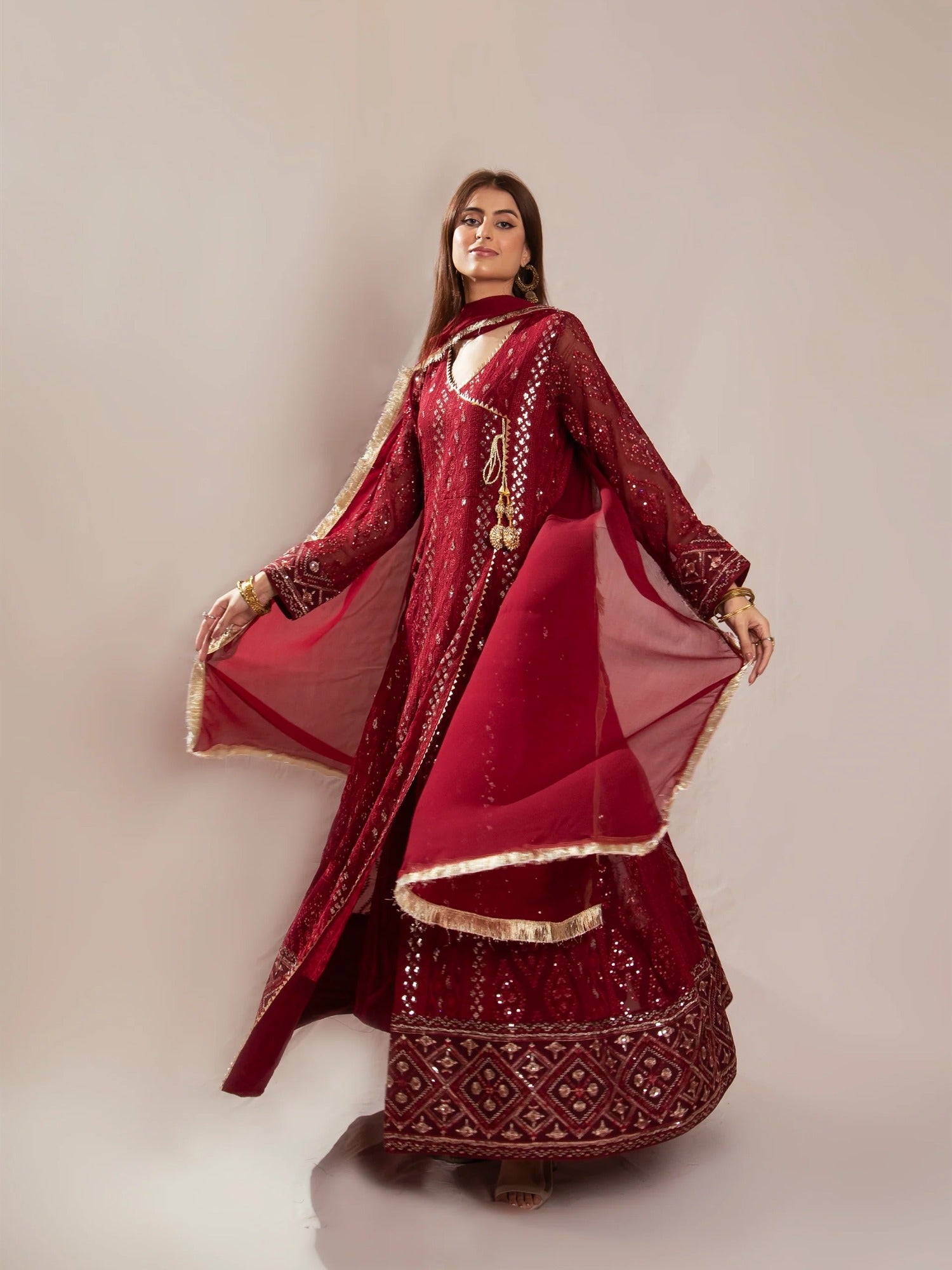 Maroon Manahil Arts Chiffon Embroidered Stitched 3-Piece Suit-Kurti 099-Maroon