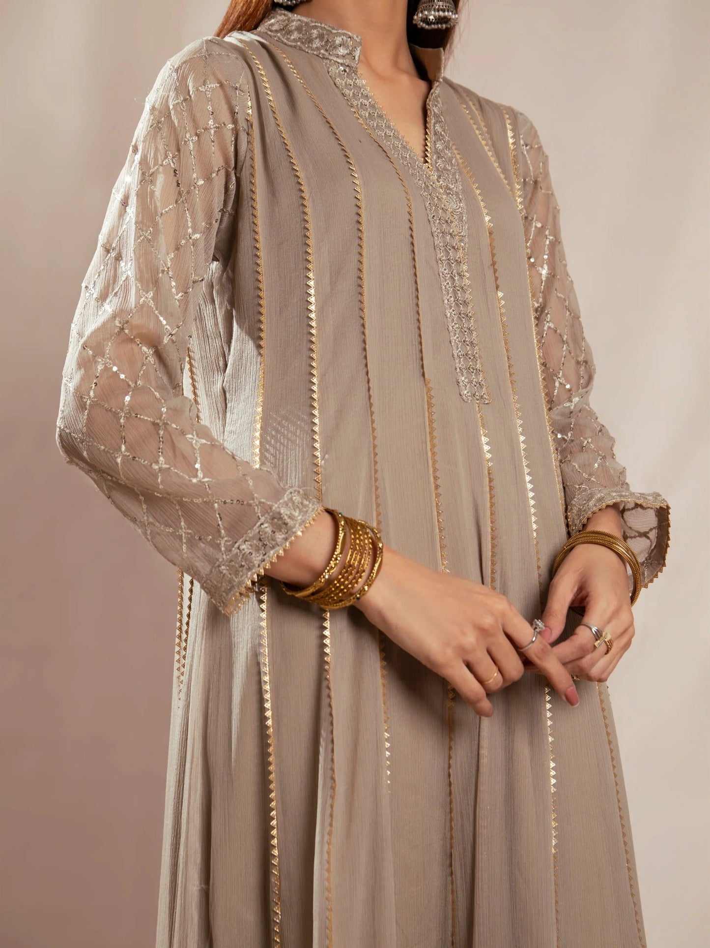 Manahil Arts Chiffon Embroidered Stitched 3-Piece Suit-Kurti 106-Camel Brown