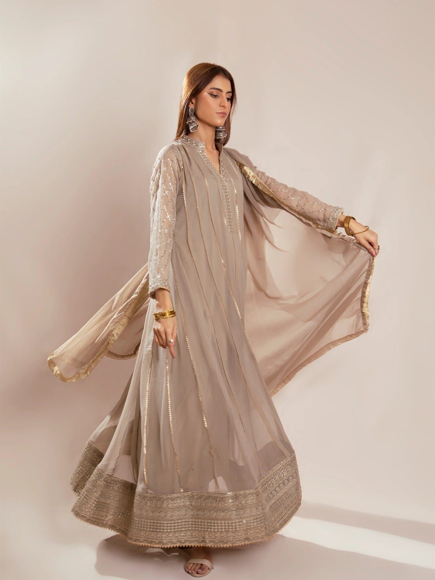 Manahil Arts Chiffon Embroidered Stitched 3-Piece Suit-Kurti 106-Camel Brown