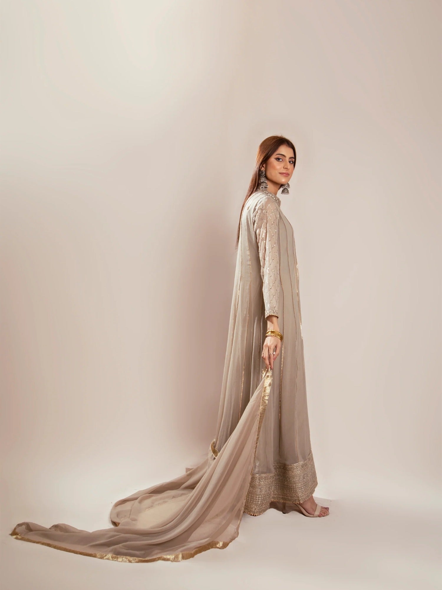 Manahil Arts Chiffon Embroidered Stitched 3-Piece Suit-Kurti 106-Camel Brown