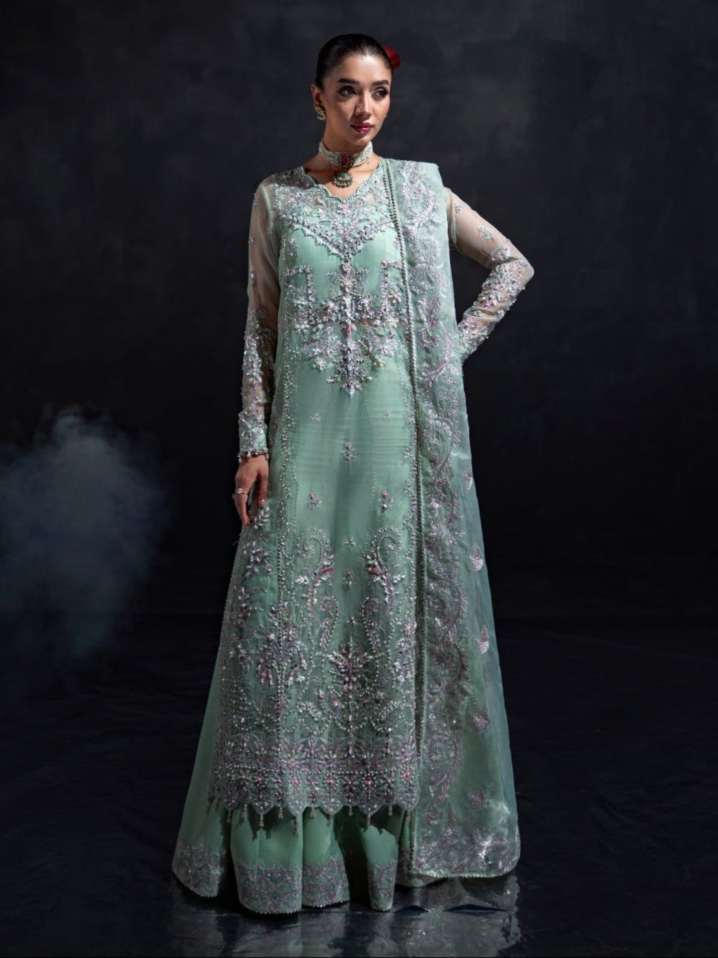 Mint Green Enzo Reve Dore Organza Embellished Stitched 3-Piece Suit-Olea