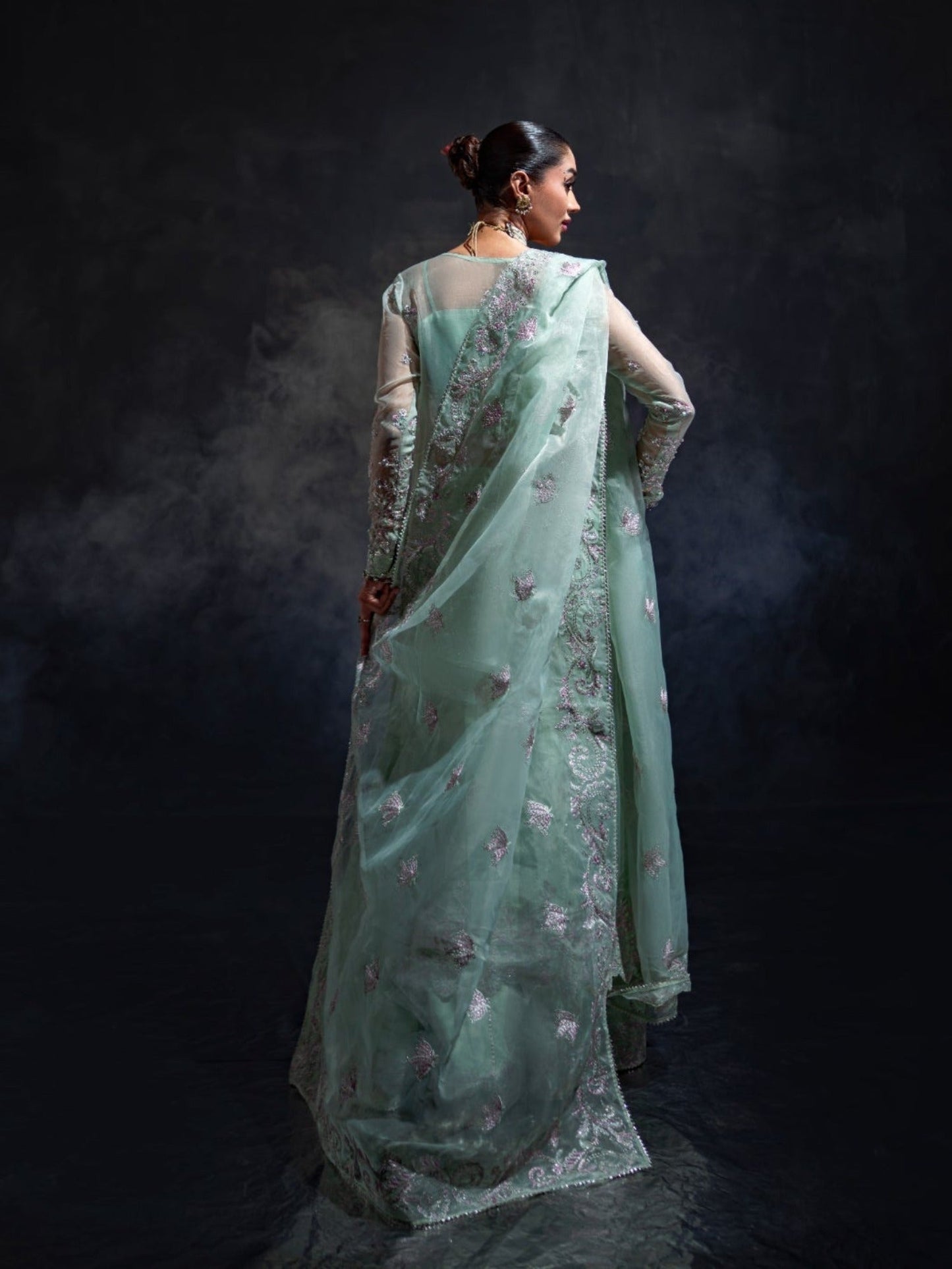 Mint Green Enzo Reve Dore Organza Embellished Stitched 3-Piece Suit-Olea