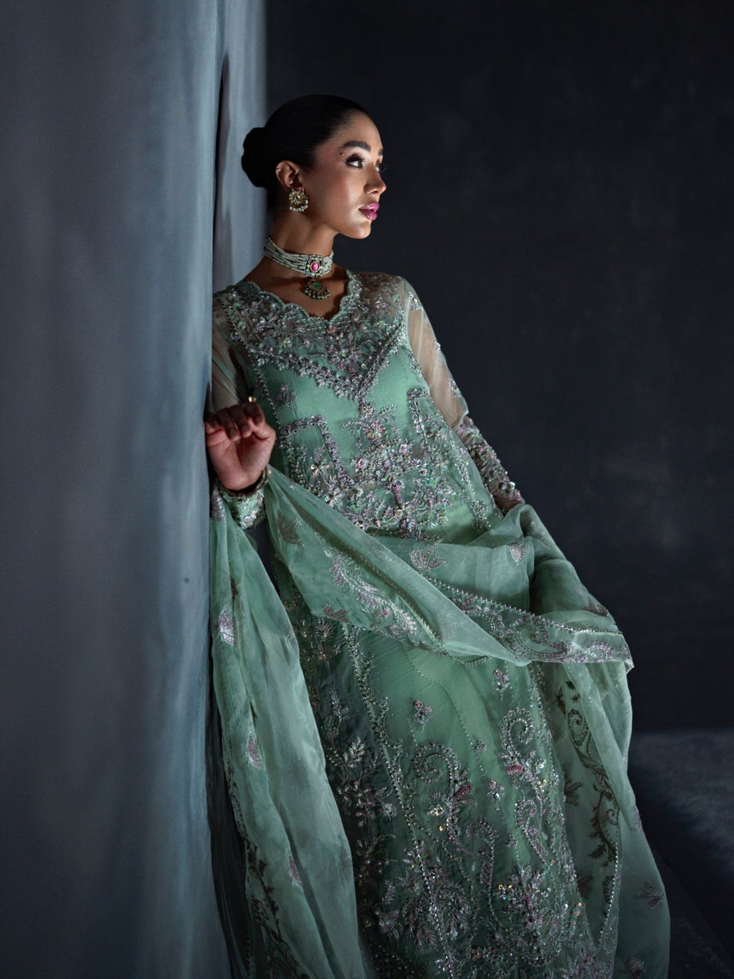 Mint Green Enzo Reve Dore Organza Embellished Stitched 3-Piece Suit-Olea