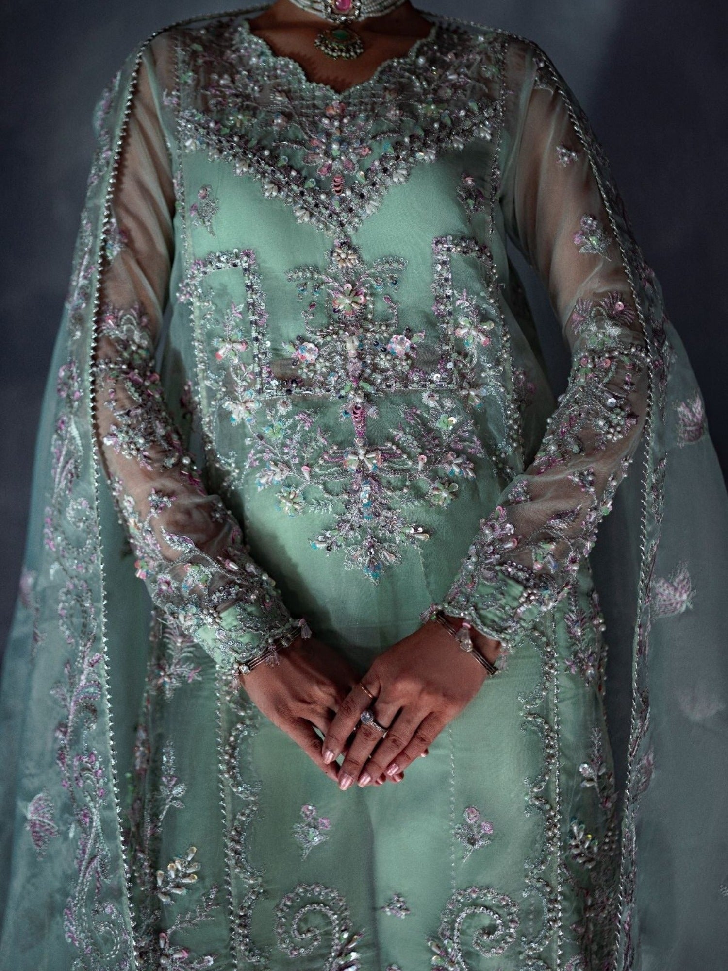 Mint Green Enzo Reve Dore Organza Embellished Stitched 3-Piece Suit-Olea
