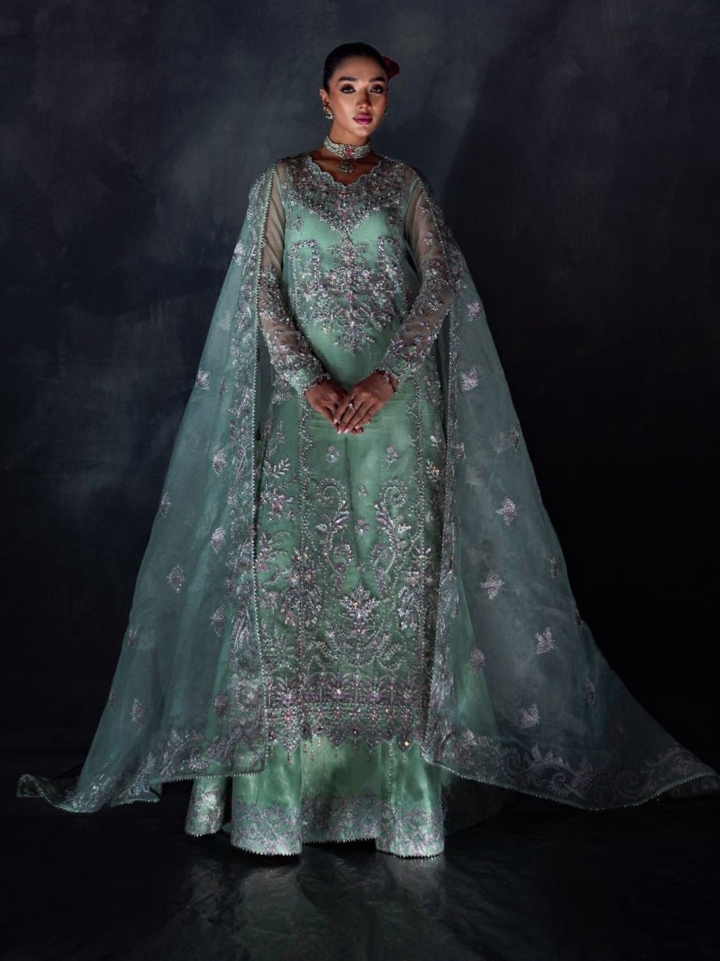 Mint Green Enzo Reve Dore Organza Embellished Stitched 3-Piece Suit-Olea