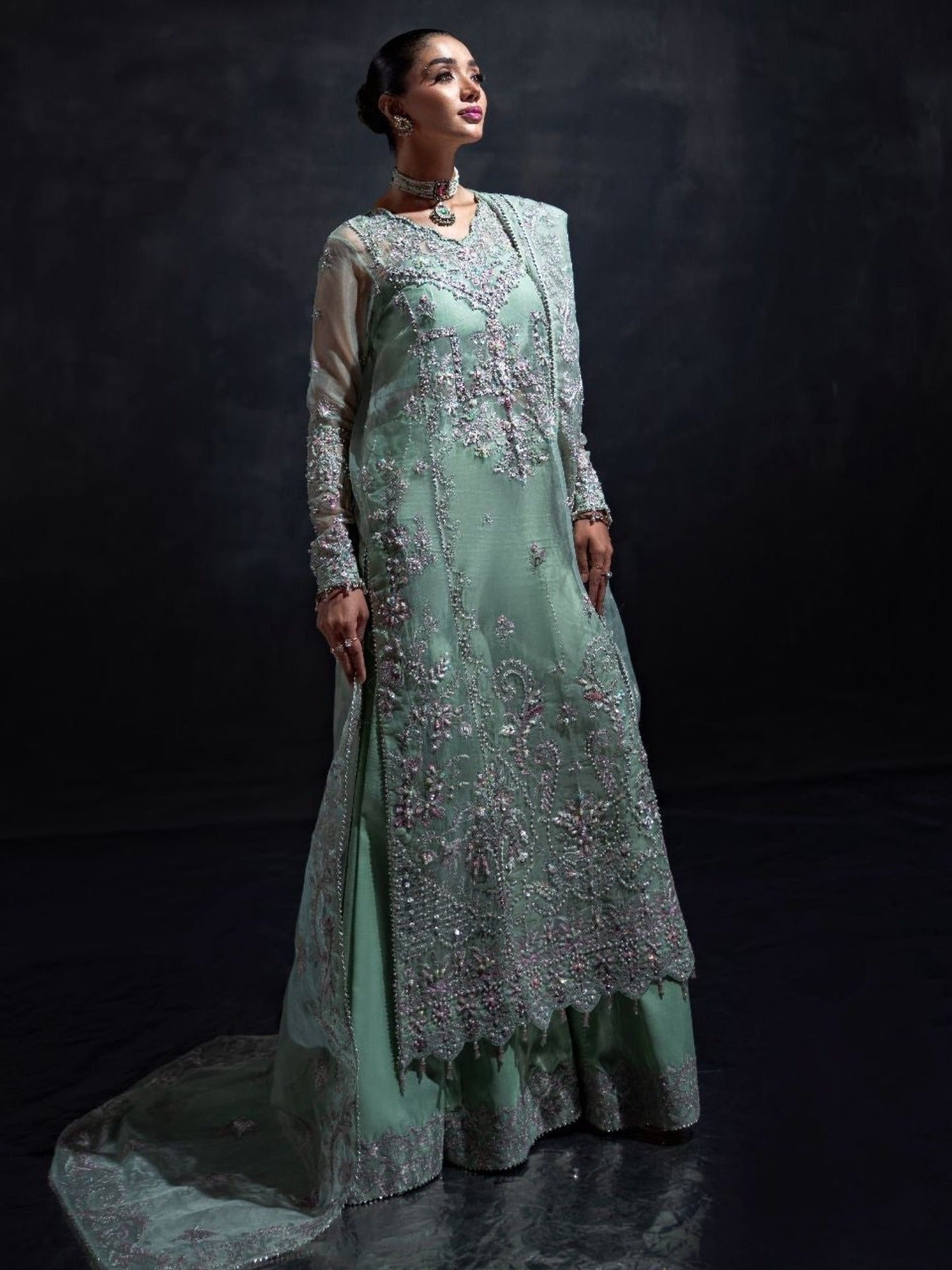 Mint Green Enzo Reve Dore Organza Embellished Stitched 3-Piece Suit-Olea