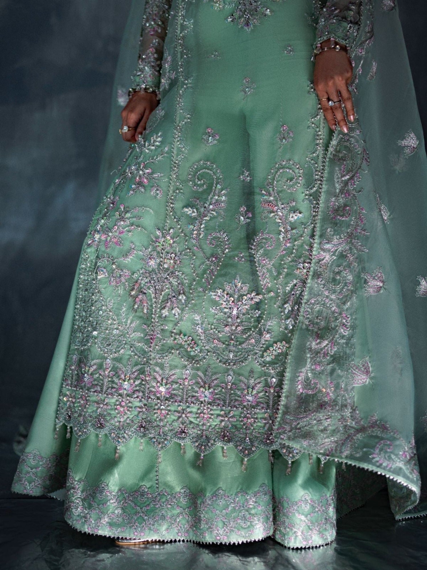 Mint Green Enzo Reve Dore Organza Embellished Stitched 3-Piece Suit-Olea