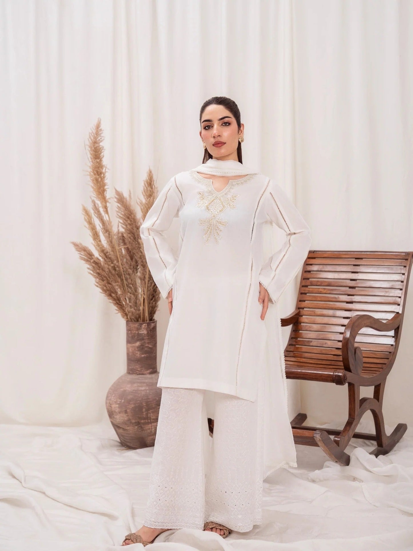 White-HEM Lawn Cotton Embroidered Stitched 3-Piece Suit-Star Bust