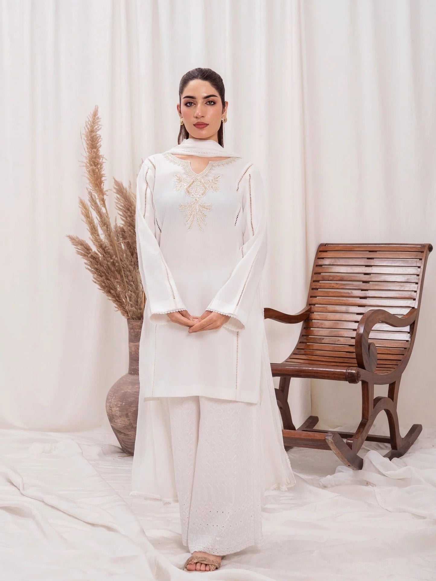 White-HEM Lawn Cotton Embroidered Stitched 3-Piece Suit-Star Bust