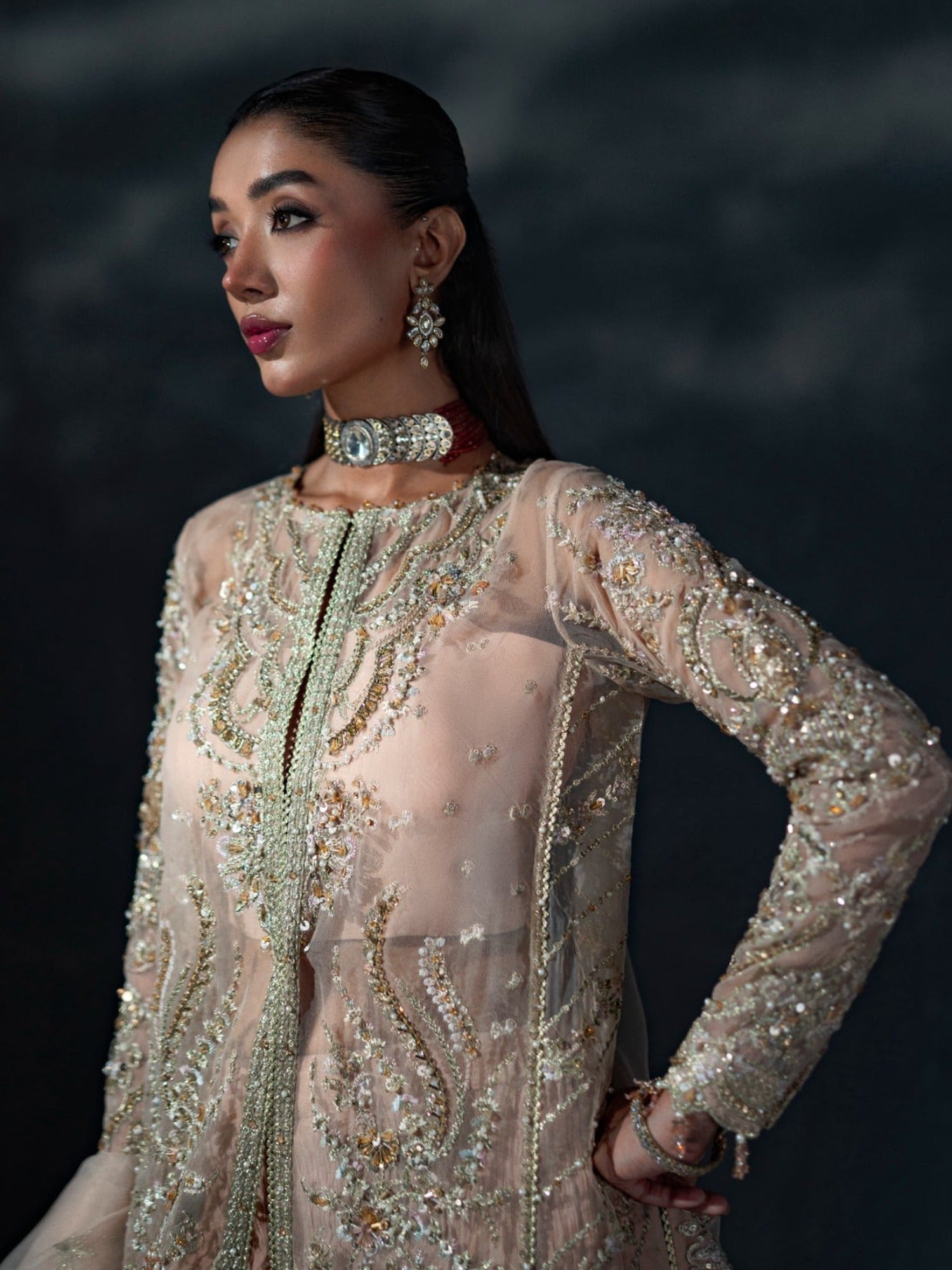Peach Enzo Reve Dore Raw Organza Embellished Stitched 3-Piece Suit-Liora