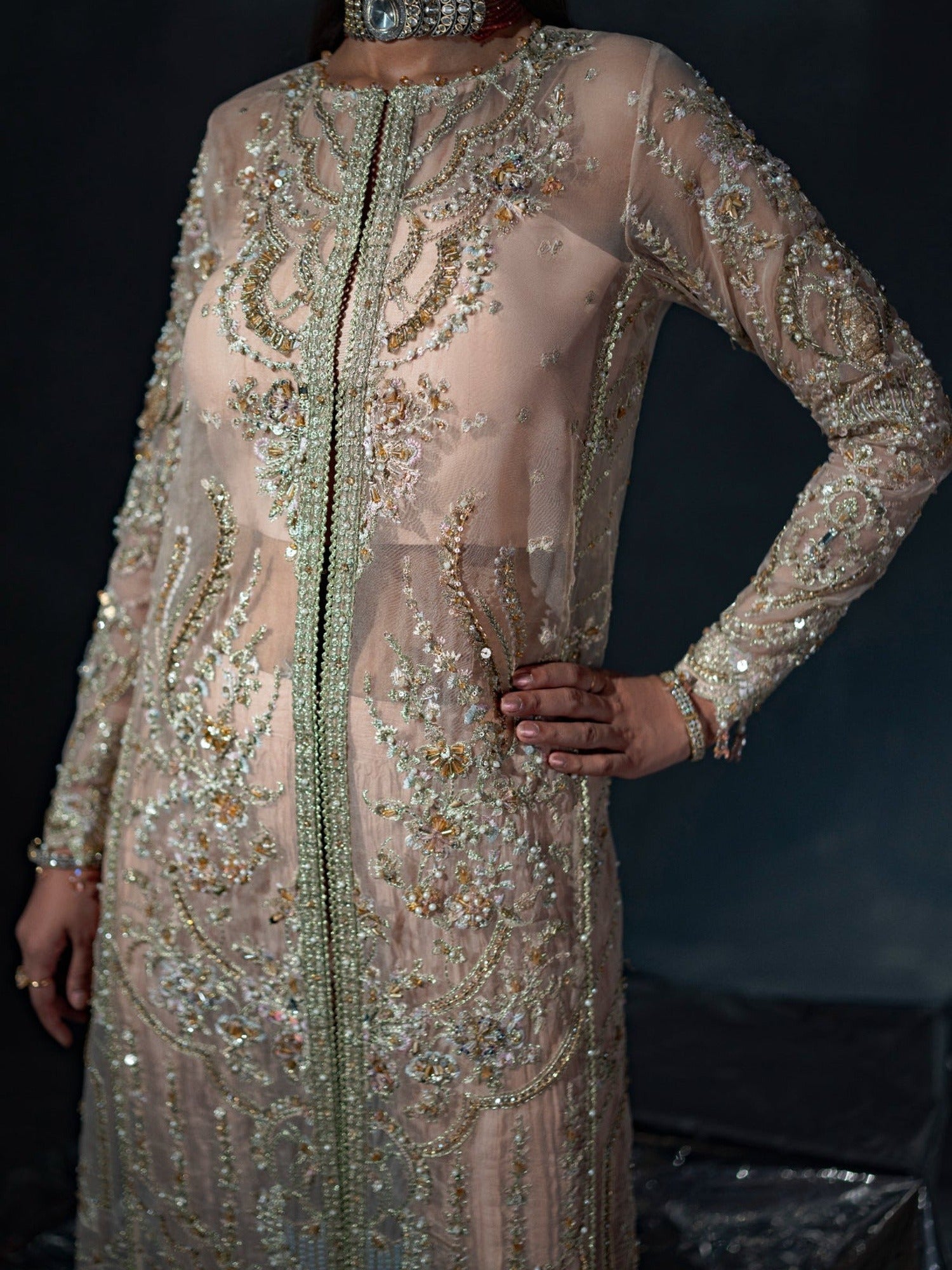 Peach Enzo Reve Dore Raw Organza Embellished Stitched 3-Piece Suit-Liora