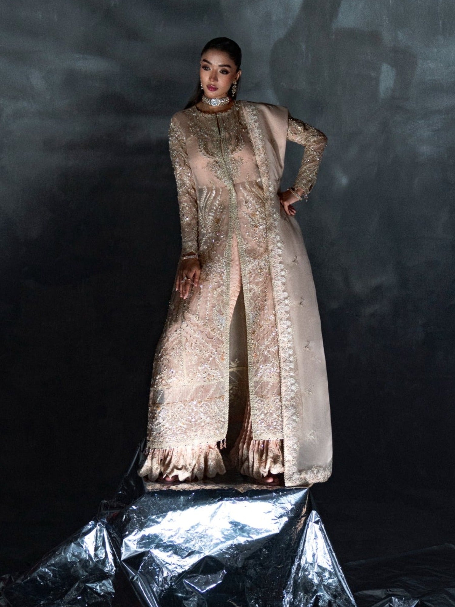 Peach Enzo Reve Dore Raw Organza Embellished Stitched 3-Piece Suit-Liora