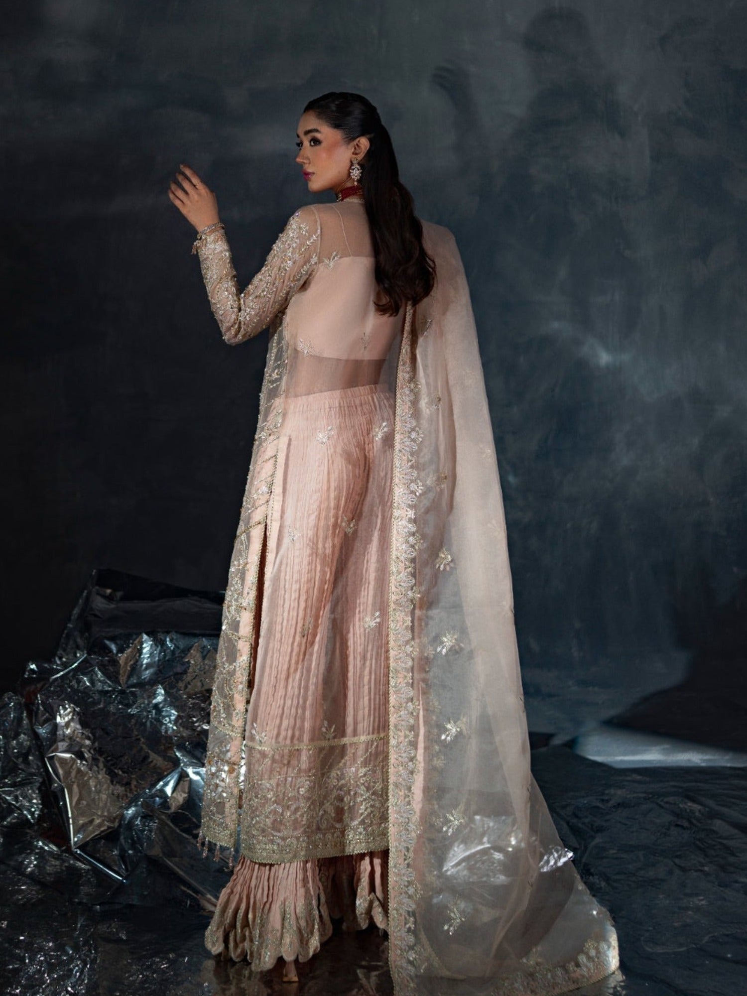 Peach Enzo Reve Dore Raw Organza Embellished Untitched 3-Piece Suit-Liora
