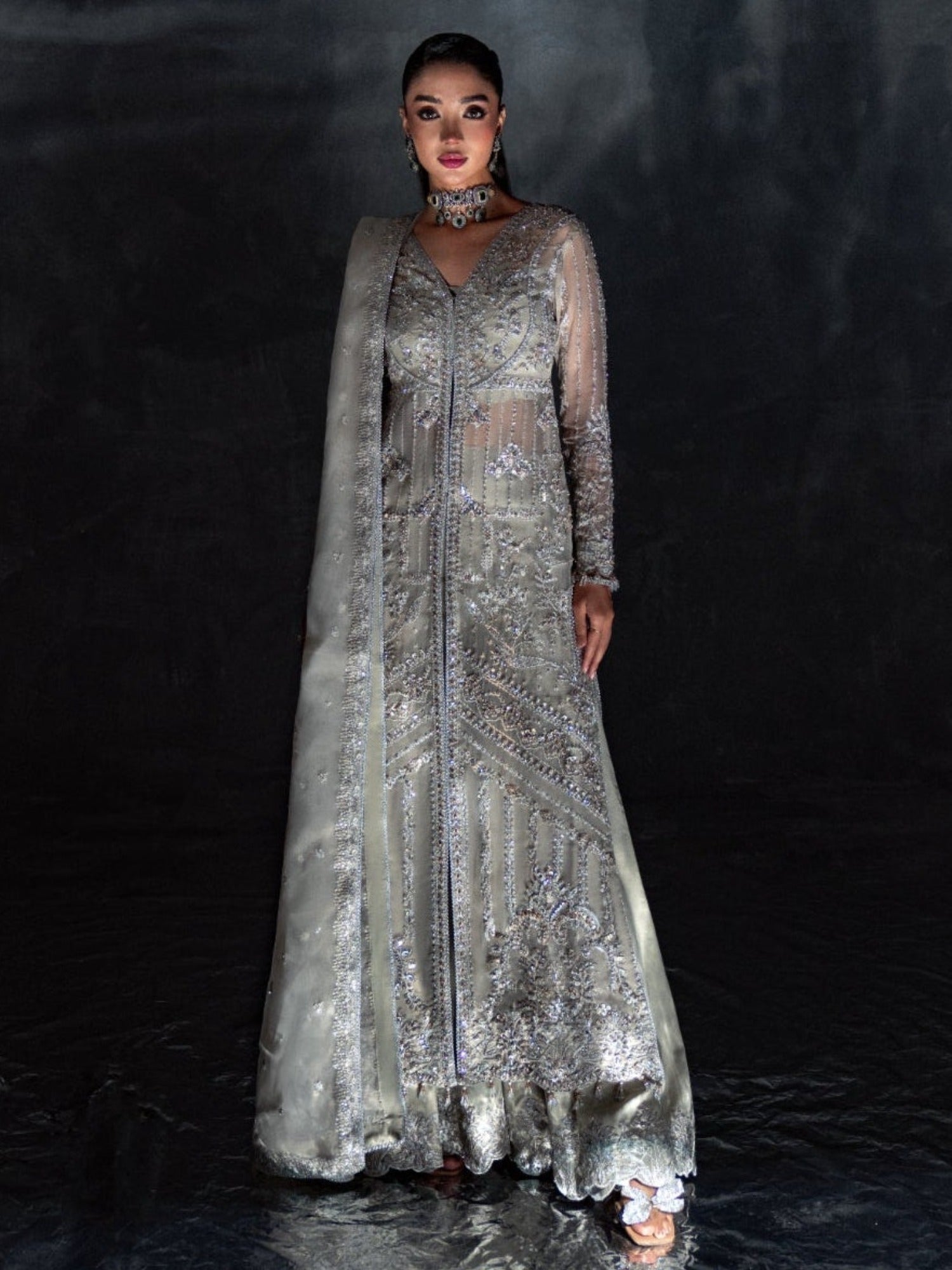 Silver Enzo Reve Dore Raw Organza Embellished Unstitched 3-Piece Suit-Silva