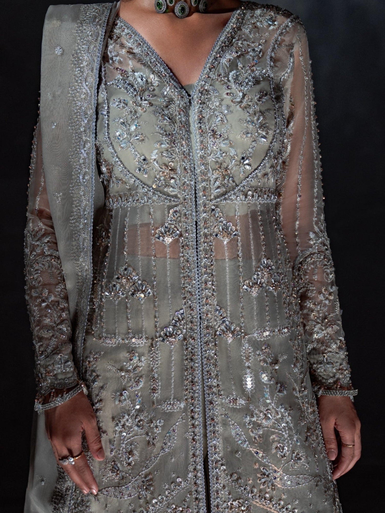 Silver Enzo Reve Dore Raw Organza Embellished Unstitched 3-Piece Suit-Silva