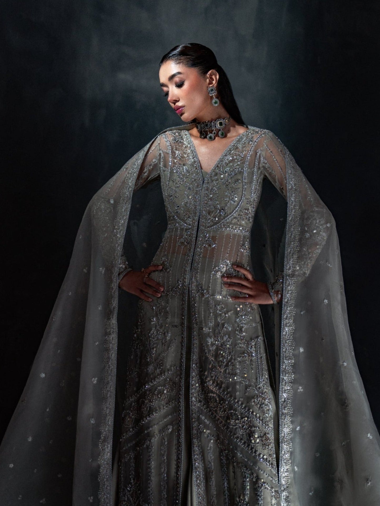 Silver-Enzo Reve Dore Organza Embellished Sharara-Silva