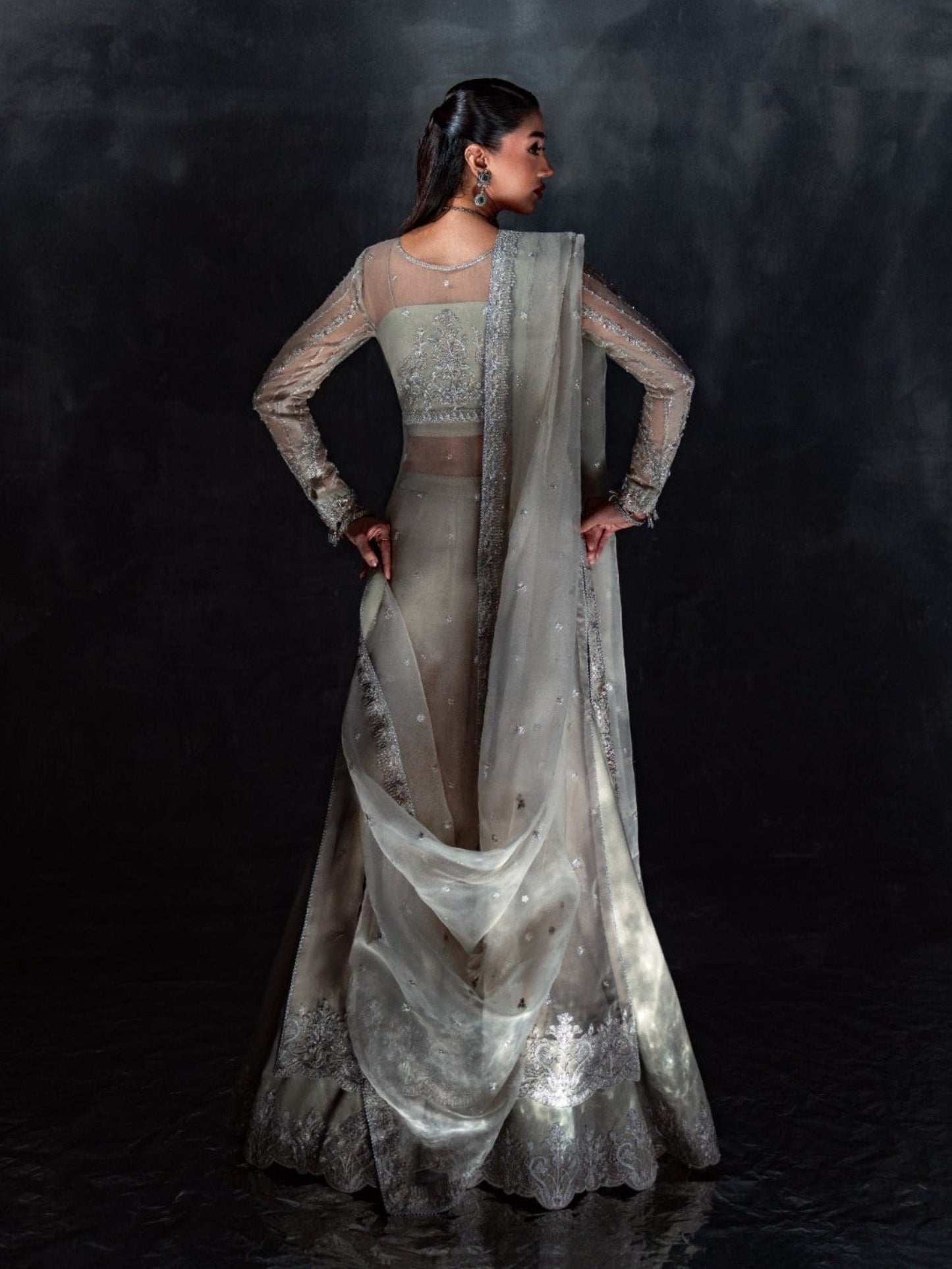 Silver-Enzo Reve Dore Organza Embellished Sharara-Silva