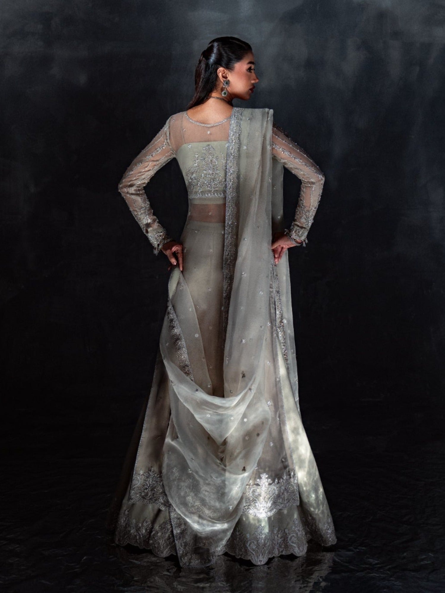 Silver-Enzo Reve Dore Organza Embellished Sharara-Silva