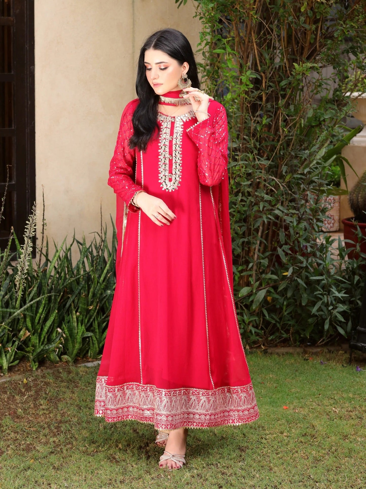 Manahil Arts Chiffon Embellished Stitched 3-Piece Suit-Kurti 123-Shocking Pink