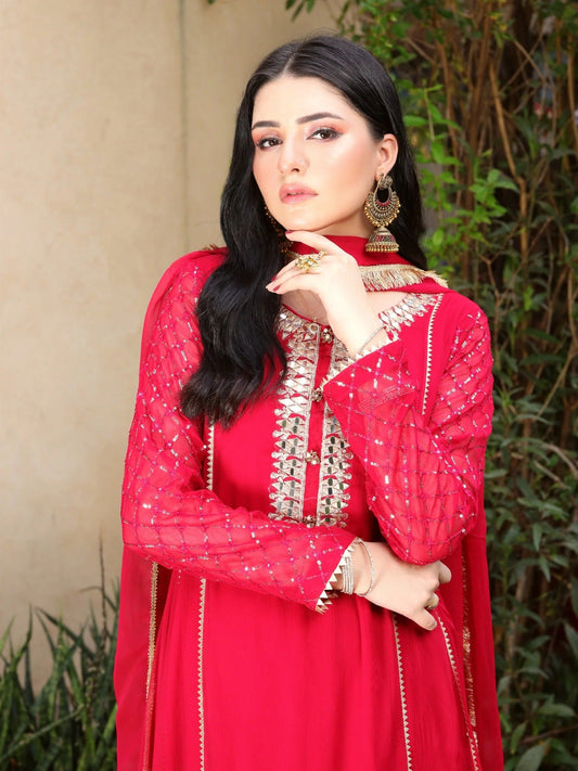 Manahil Arts Chiffon Embellished Stitched 3-Piece Suit-Kurti 123-Shocking Pink