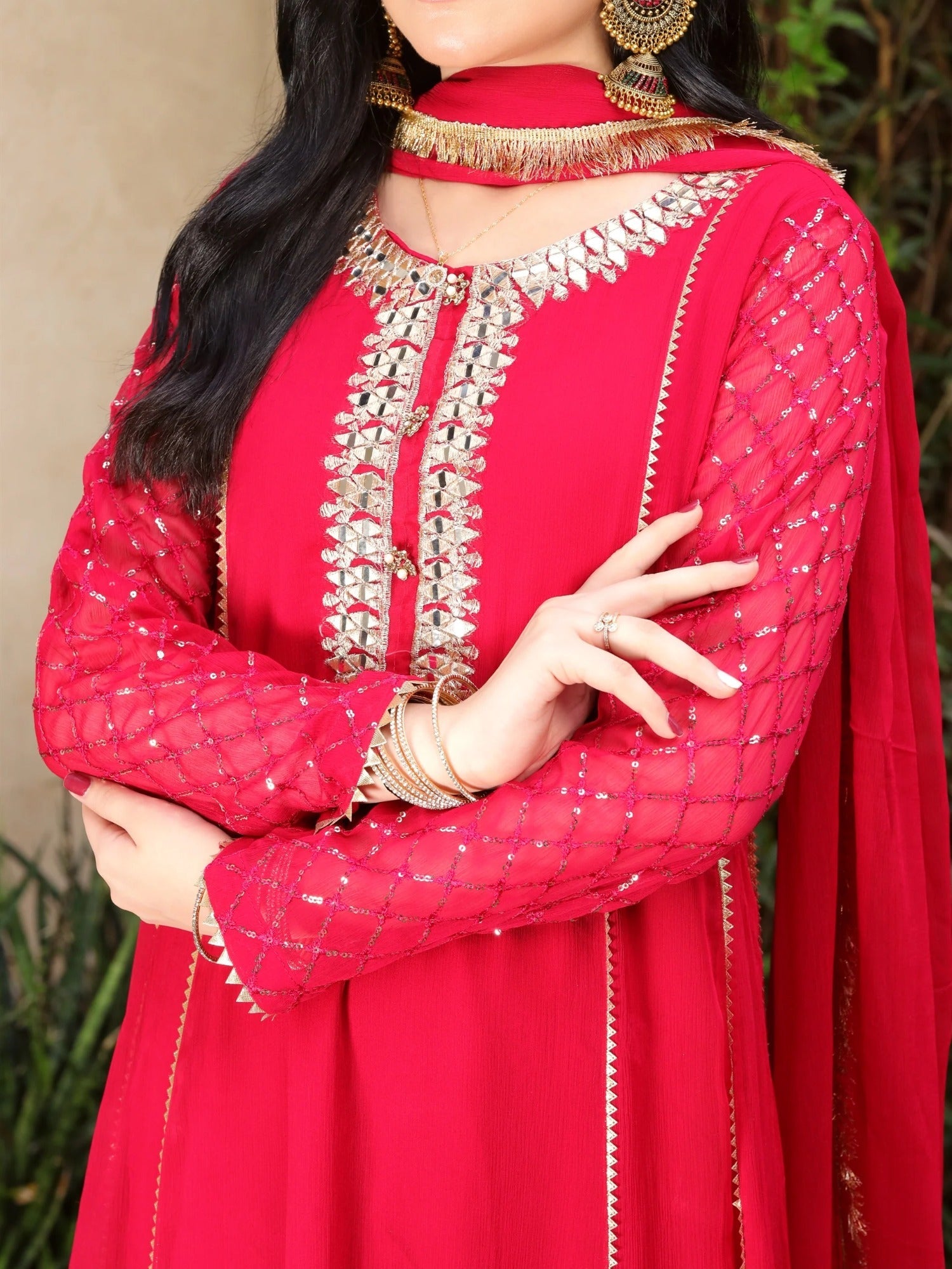 Manahil Arts Chiffon Embellished Stitched 3-Piece Suit-Kurti 123-Shocking Pink