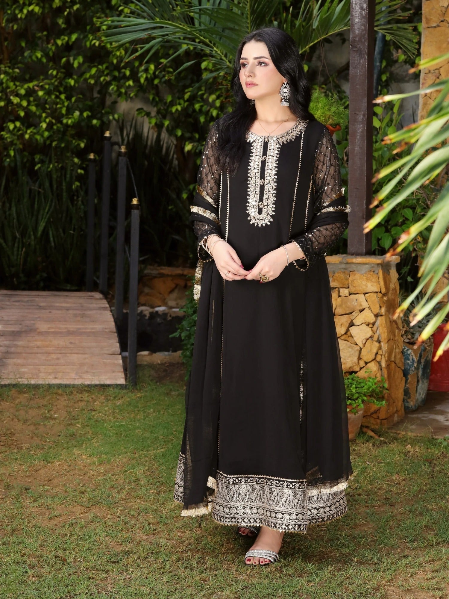 Black Manahil Arts Chiffon Embellished Stitched 3-Piece Suit-Kurti 123-Black