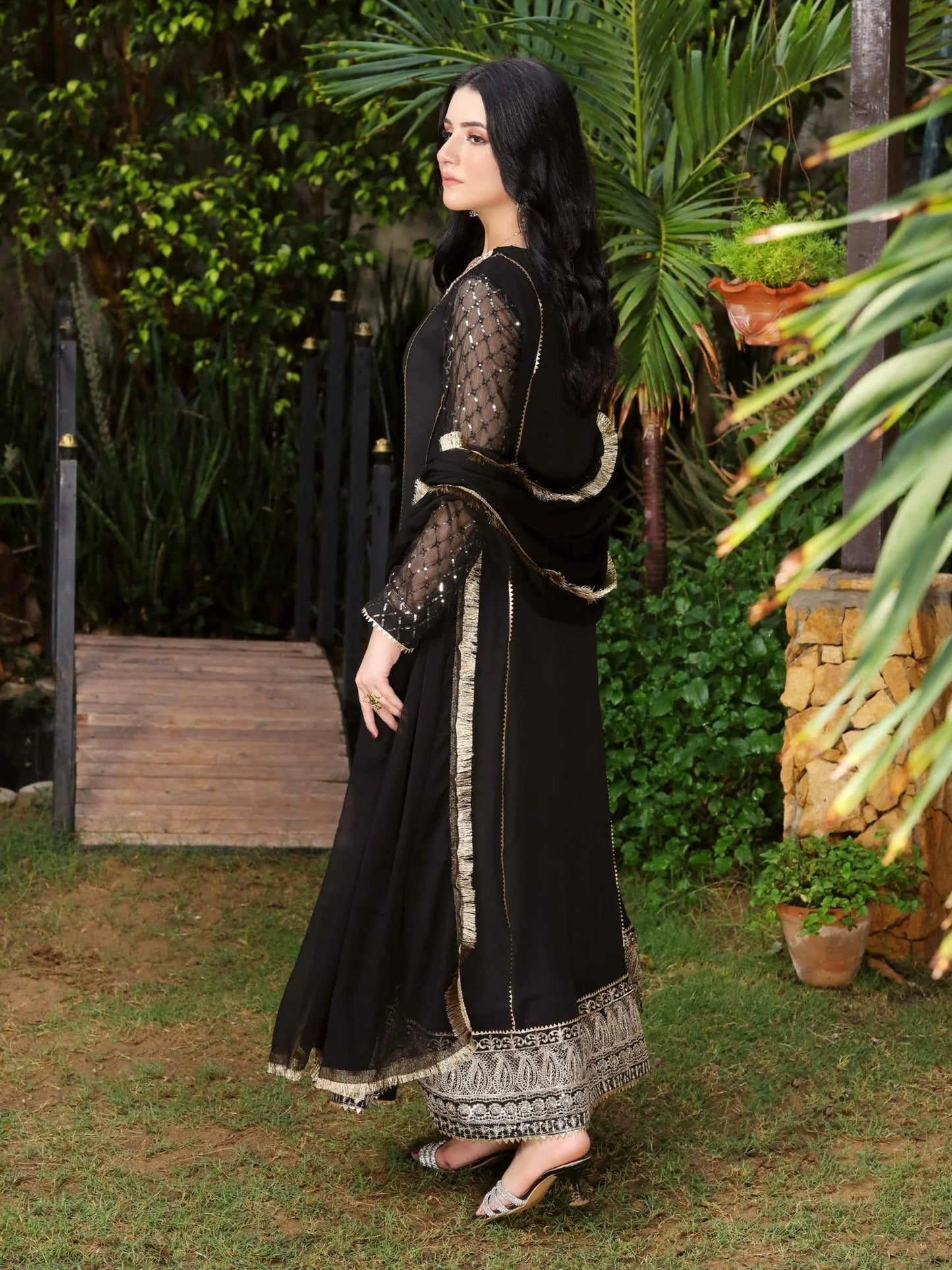 Black Manahil Arts Chiffon Embellished Stitched 3-Piece Suit-Kurti 123-Black