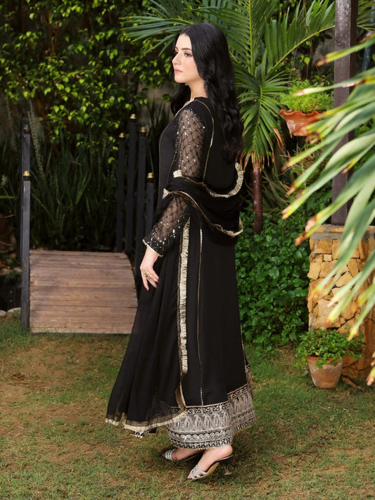 Black Manahil Arts Chiffon Embellished Stitched 3-Piece Suit-Kurti 123-Black