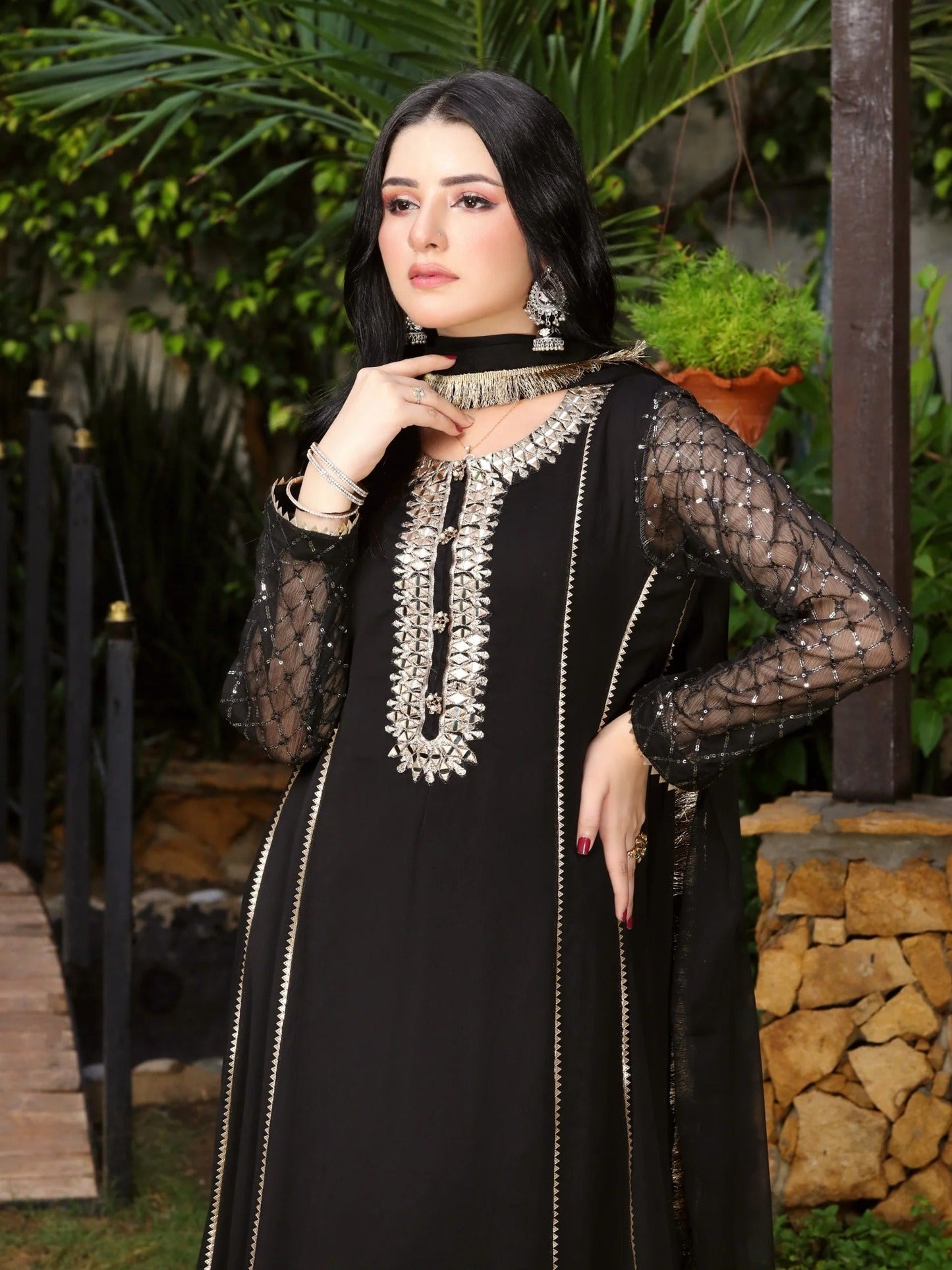 Black Manahil Arts Chiffon Embellished Stitched 3-Piece Suit-Kurti 123-Black