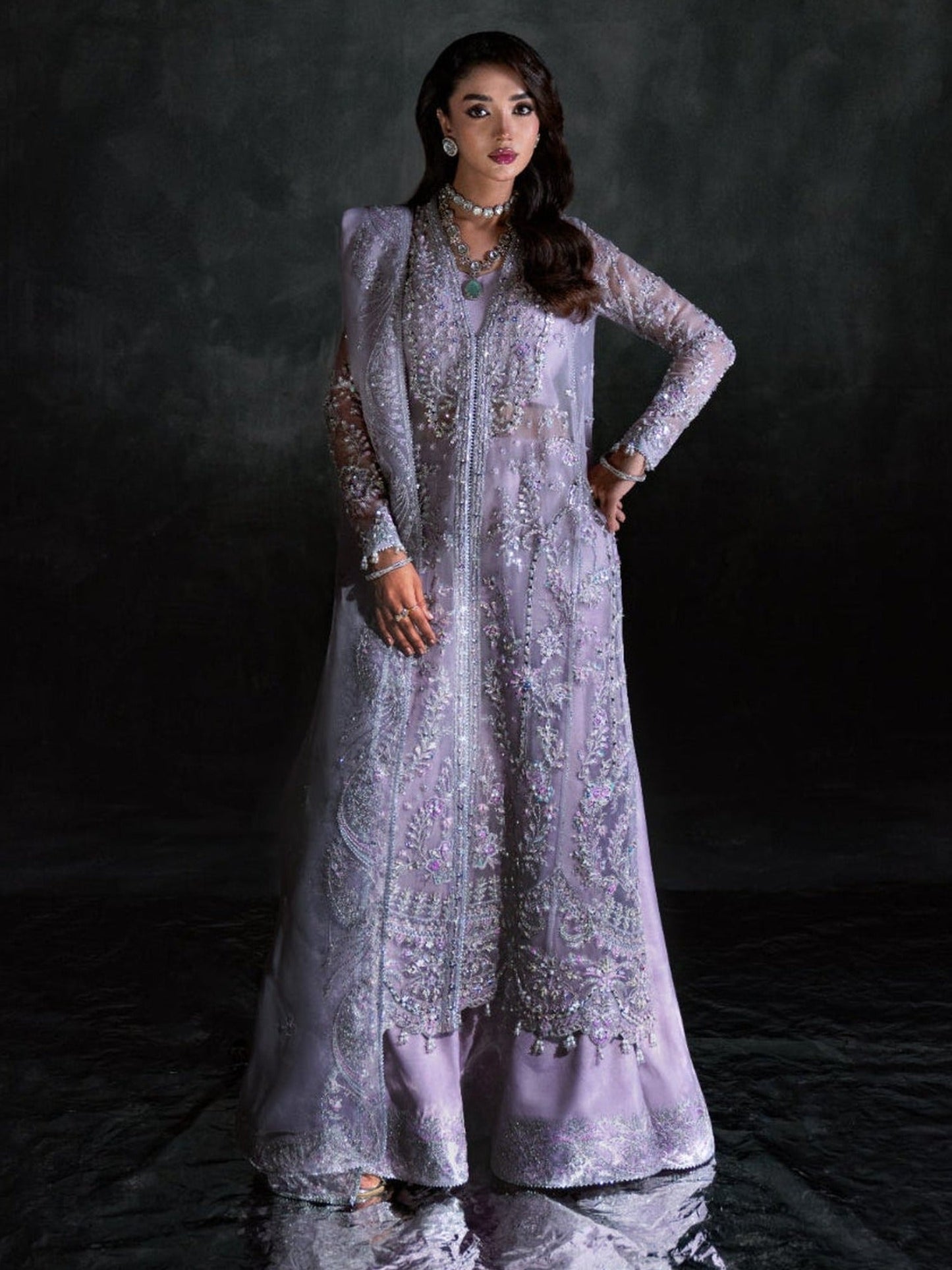 Lilac Enzo Reve Dore Raw Organza Embellished Unstitched 3-Piece Suit-Eliane