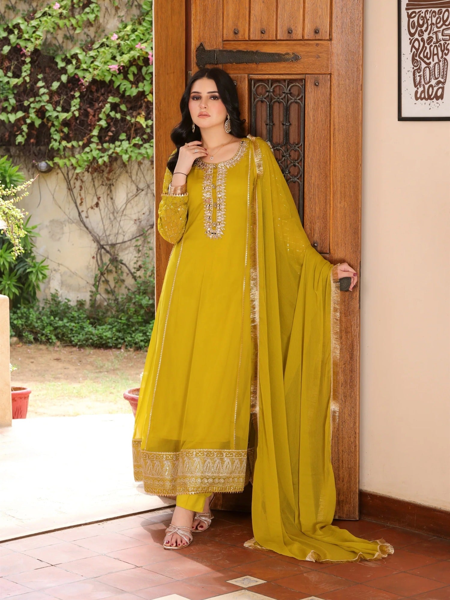 Manahil Arts Chiffon Embellished Stitched 3-Piece Suit-Kurti 123-Mustard