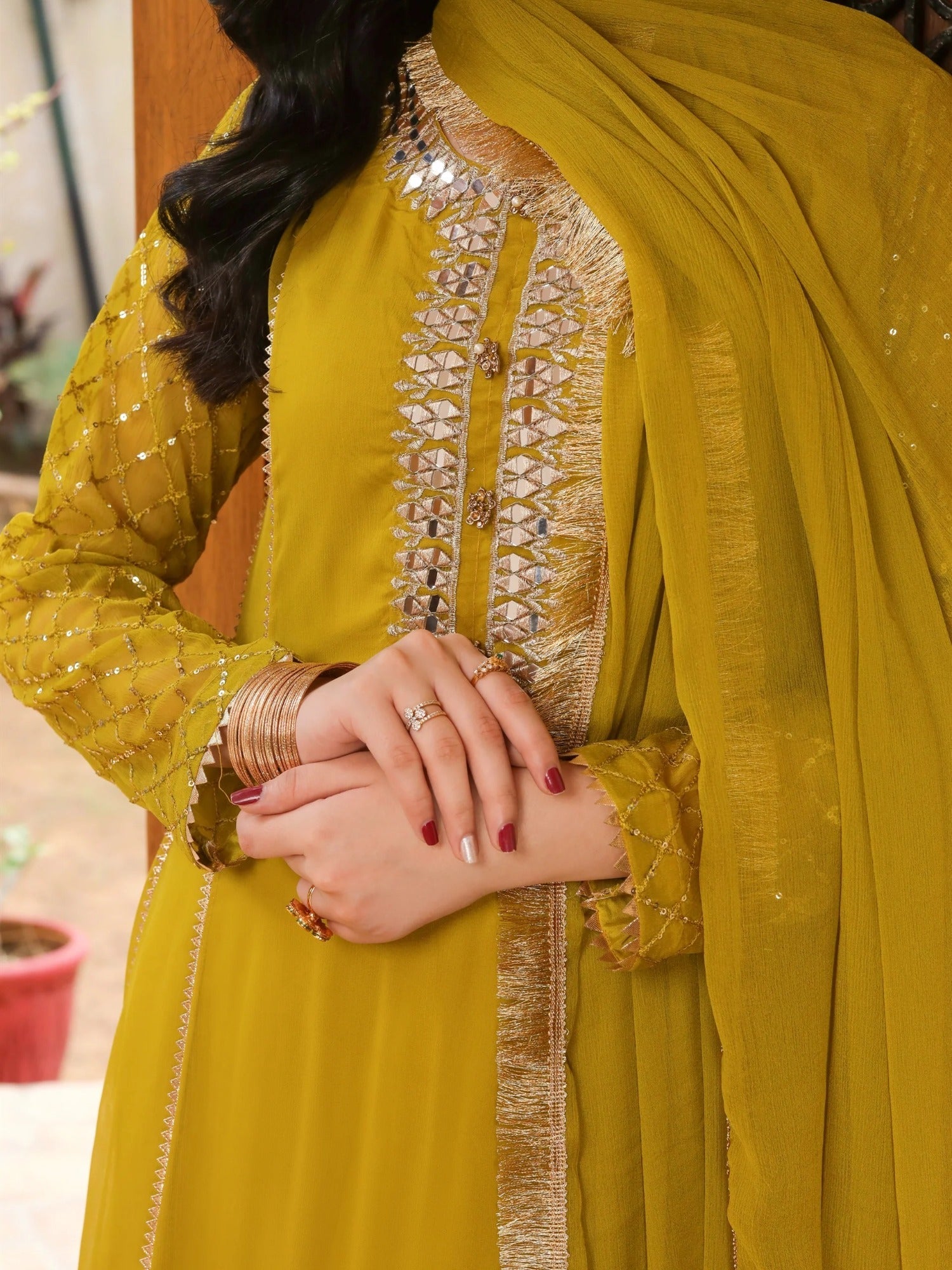 Manahil Arts Chiffon Embellished Stitched 3-Piece Suit-Kurti 123-Mustard