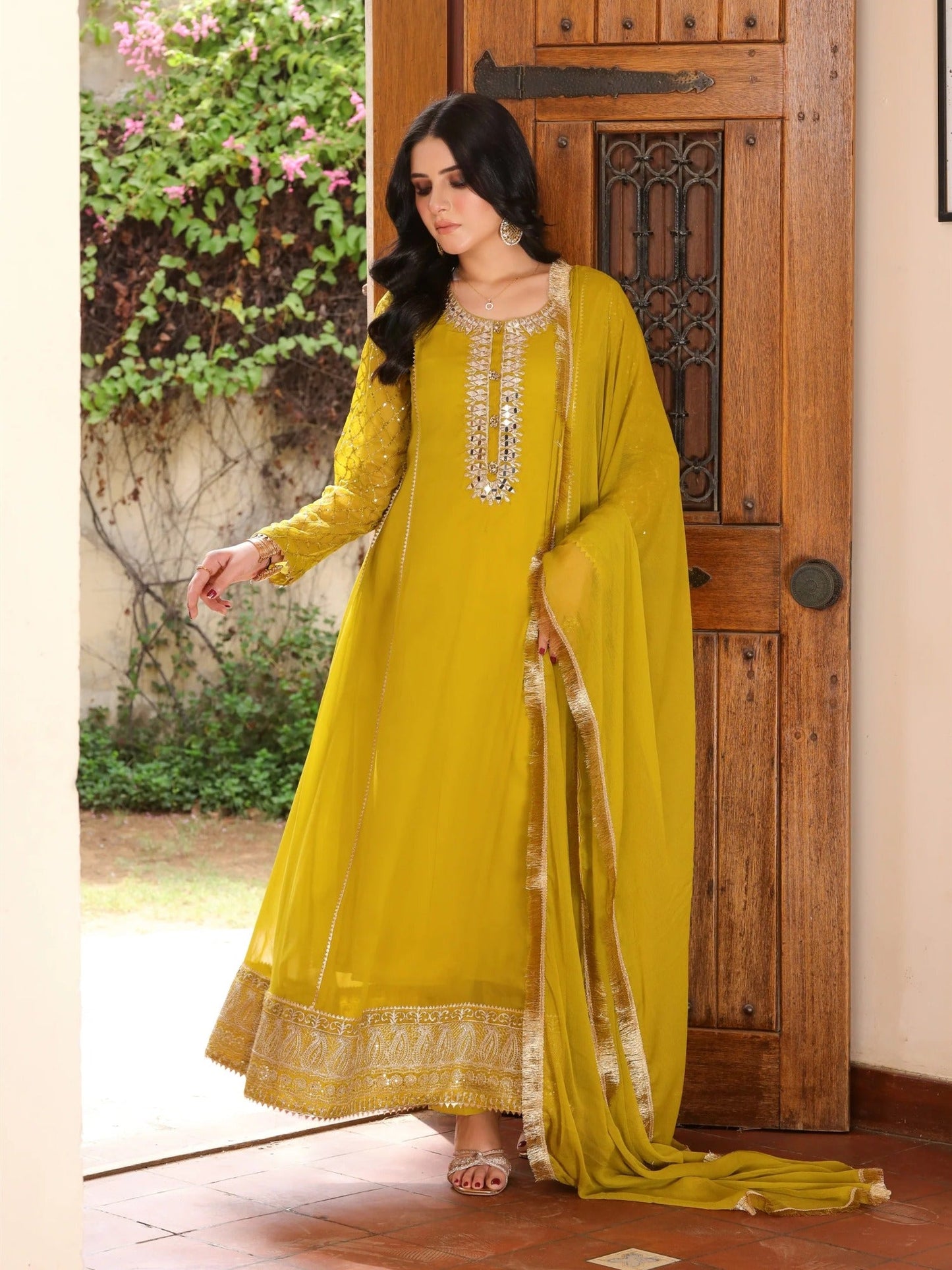 Manahil Arts Chiffon Embellished Stitched 3-Piece Suit-Kurti 123-Mustard