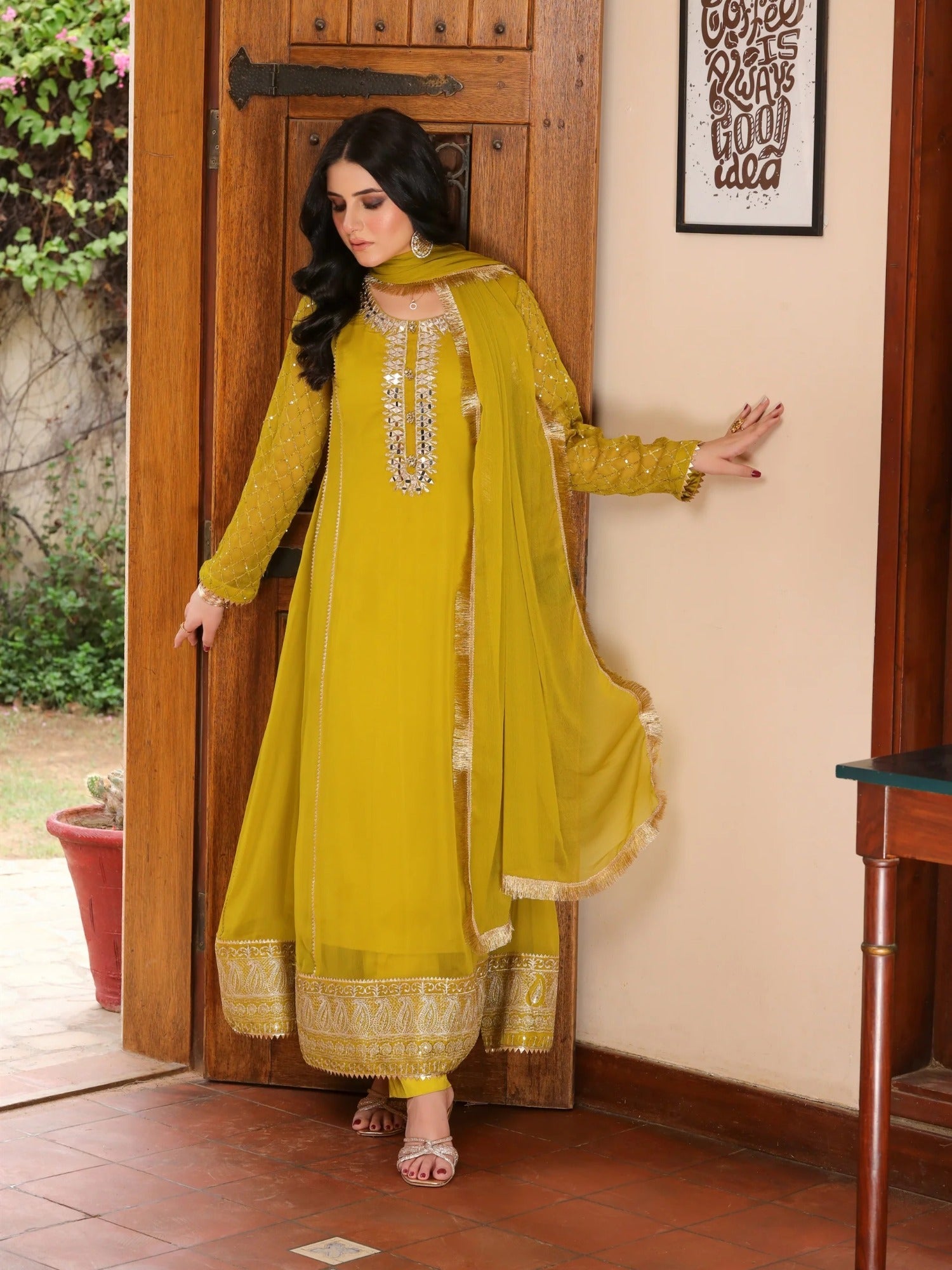 Manahil Arts Chiffon Embellished Stitched 3-Piece Suit-Kurti 123-Mustard