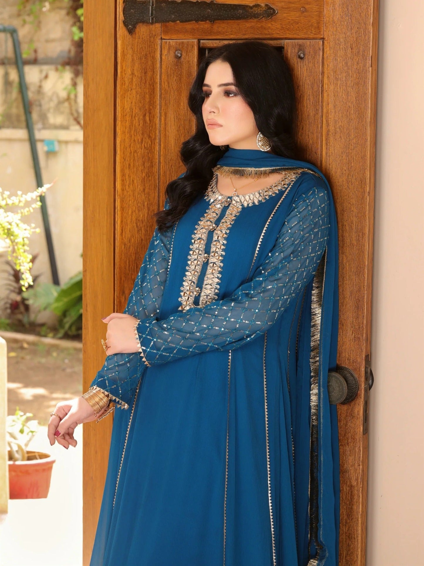 Manahil Arts Chiffon Embellished Stitched 3-Piece Suit-Kurti 123-Zinc