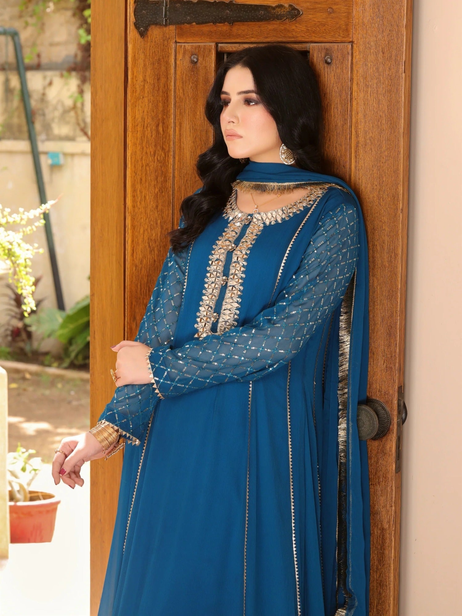 Manahil Arts Chiffon Embellished Stitched 3-Piece Suit-Kurti 123-Zinc