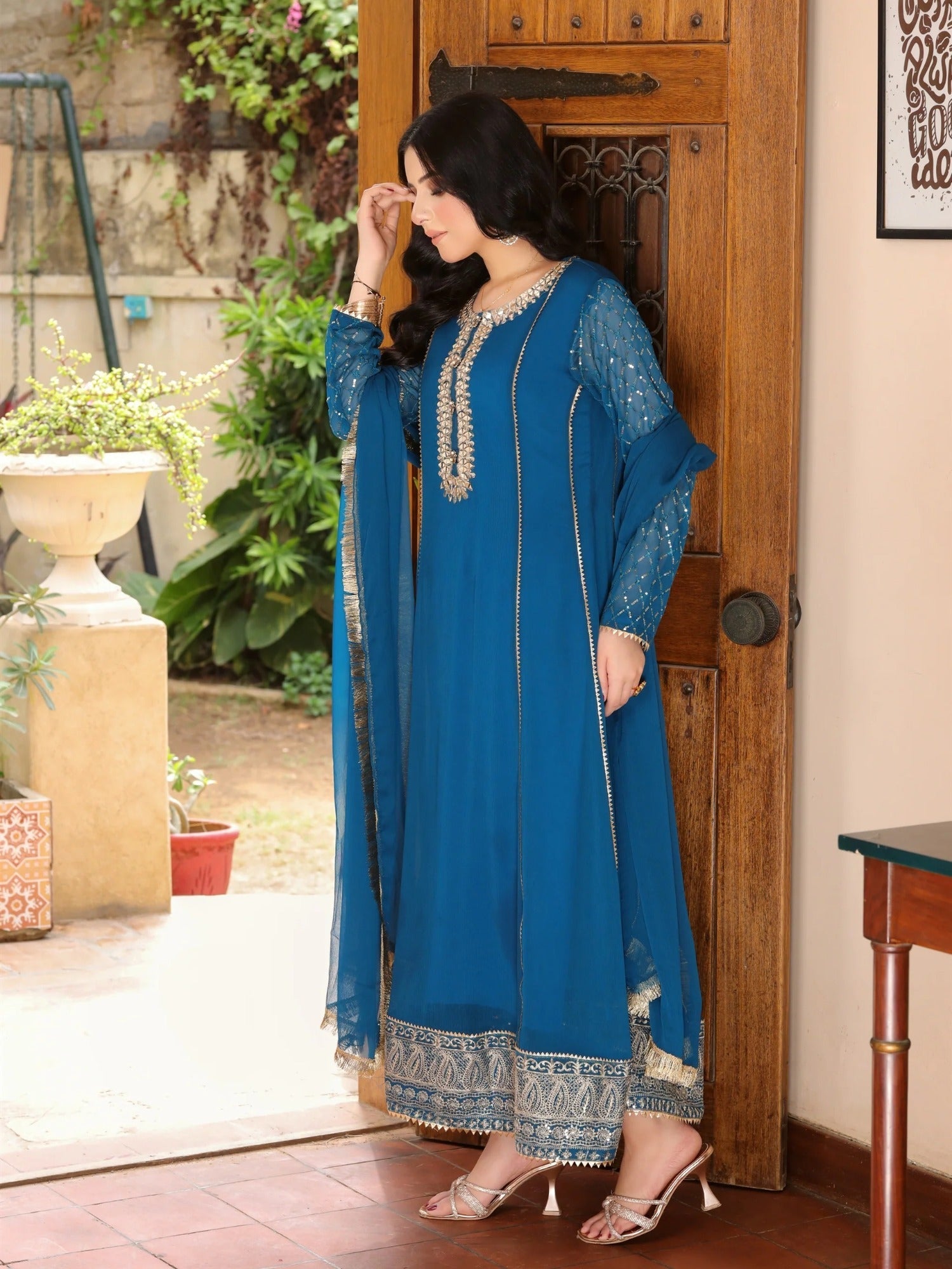 Manahil Arts Chiffon Embellished Stitched 3-Piece Suit-Kurti 123-Zinc