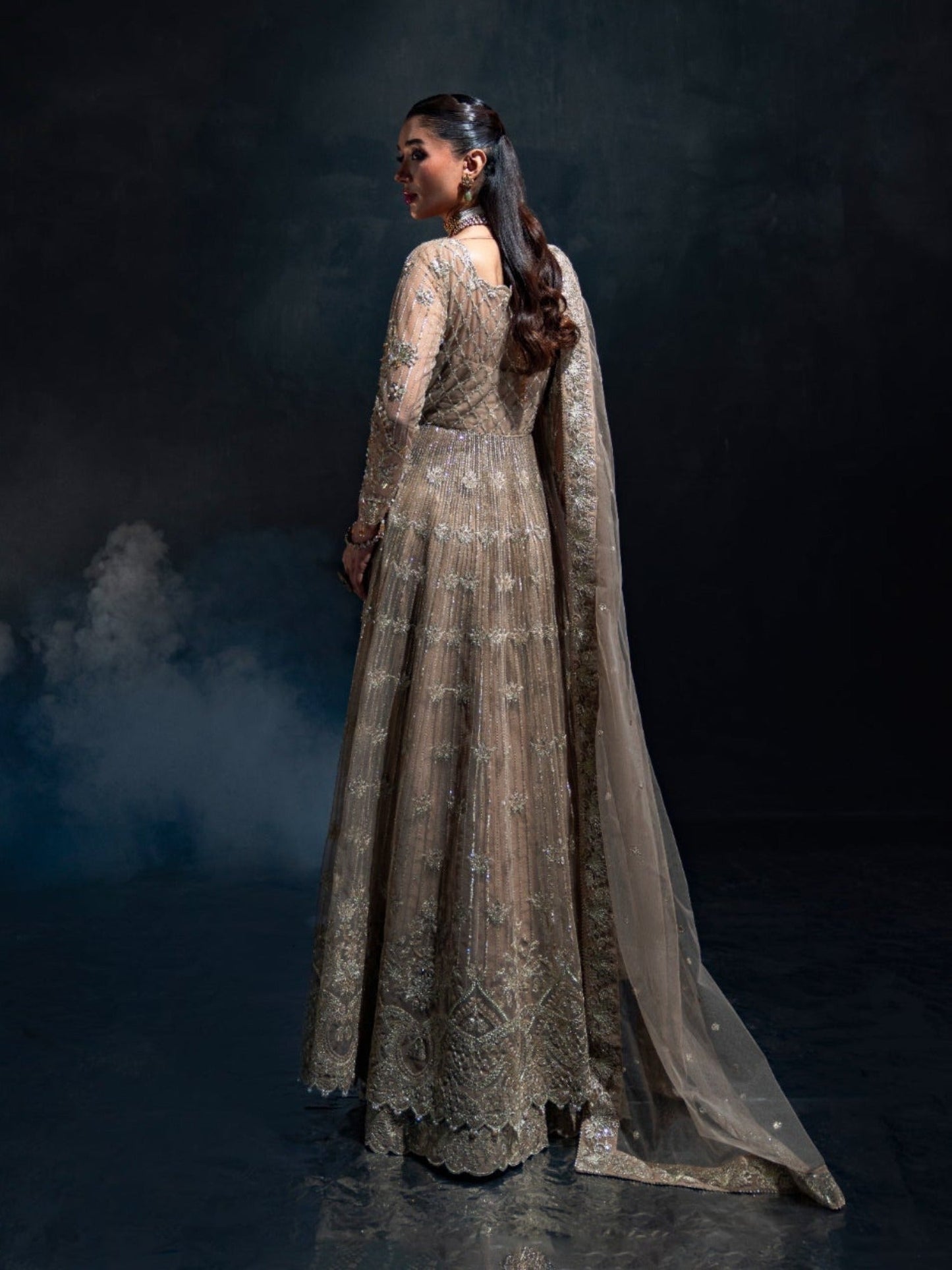 Brown Enzo Reve Dore Net Embellished Unstitched Lehnga Set-Aurora