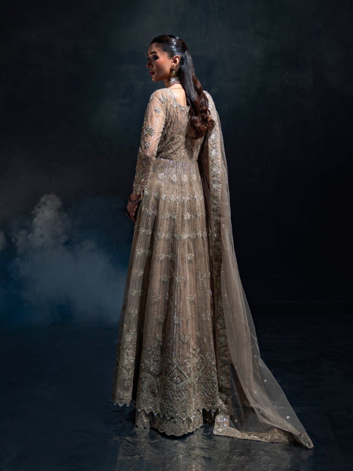 Brown Enzo Reve Dore Net Embellished Unstitched Lehnga Set-Aurora